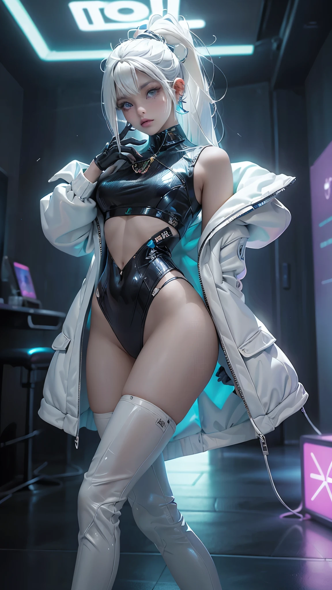 (La Mejor calidad,A high resolution,Ultra - detallado,actual),Ariana Grande is cyber, with ponytail wear white high heel platform knee high boots.( Color blanco brillante para mostrarte&#39;you are a cyber girl:1.4 ) .. Ropa como catsuit .. El ambiente es el de un adolescente.&#39;s room like.( El cabello es blanco:1.4) . She is lit with a bright blue color on one side of her face. Led como. estilo taciturno. And both hands also have LED light..More detailed 8K.Motor irreal:1.4,HD,La Mejor calidad:1.4, fotorrealista:1.4, textura de la piel:1.4, Obra maestra:1.8,Obra maestra, Mejor calidad,objeto Objeto], (rasgos faciales detallados:1.3),(Las proporciones correctas),(Ojos hermosos azules),  (pose vaquero), (perfect anatomy), ,( ciberpunk 2.1),(conveco Dedos detallados),( pose medio cuerpo) 