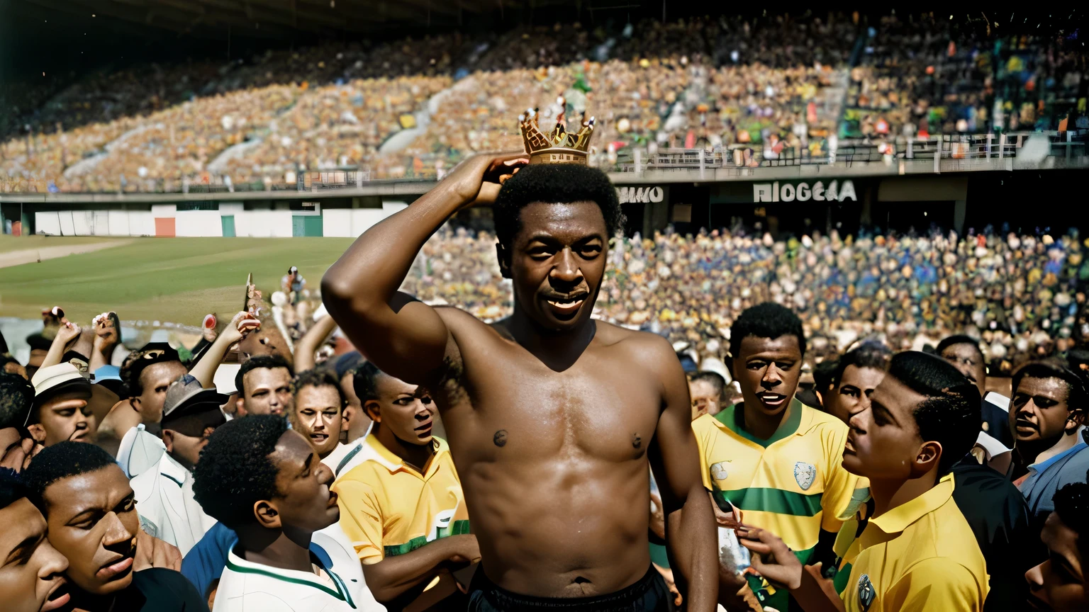 Ciborgue Preto, Rei do futebol, Pelé, on top of another man in a crowd, portrait of Pele, Alphonse Muca, Neil Leifer, by Fernando Gerassi, 🌻🎹🎼, Salvador, Destaque, inspirado em Oswaldo Viteri, 1960's olympics footage, por Robert Jacobsen, a comemorar, brasil, 1960's olympics, Eternal Pelé with crown on his head, o rei, torcida Brasileira , champion, glass in hand, muito confete dourado, podium
