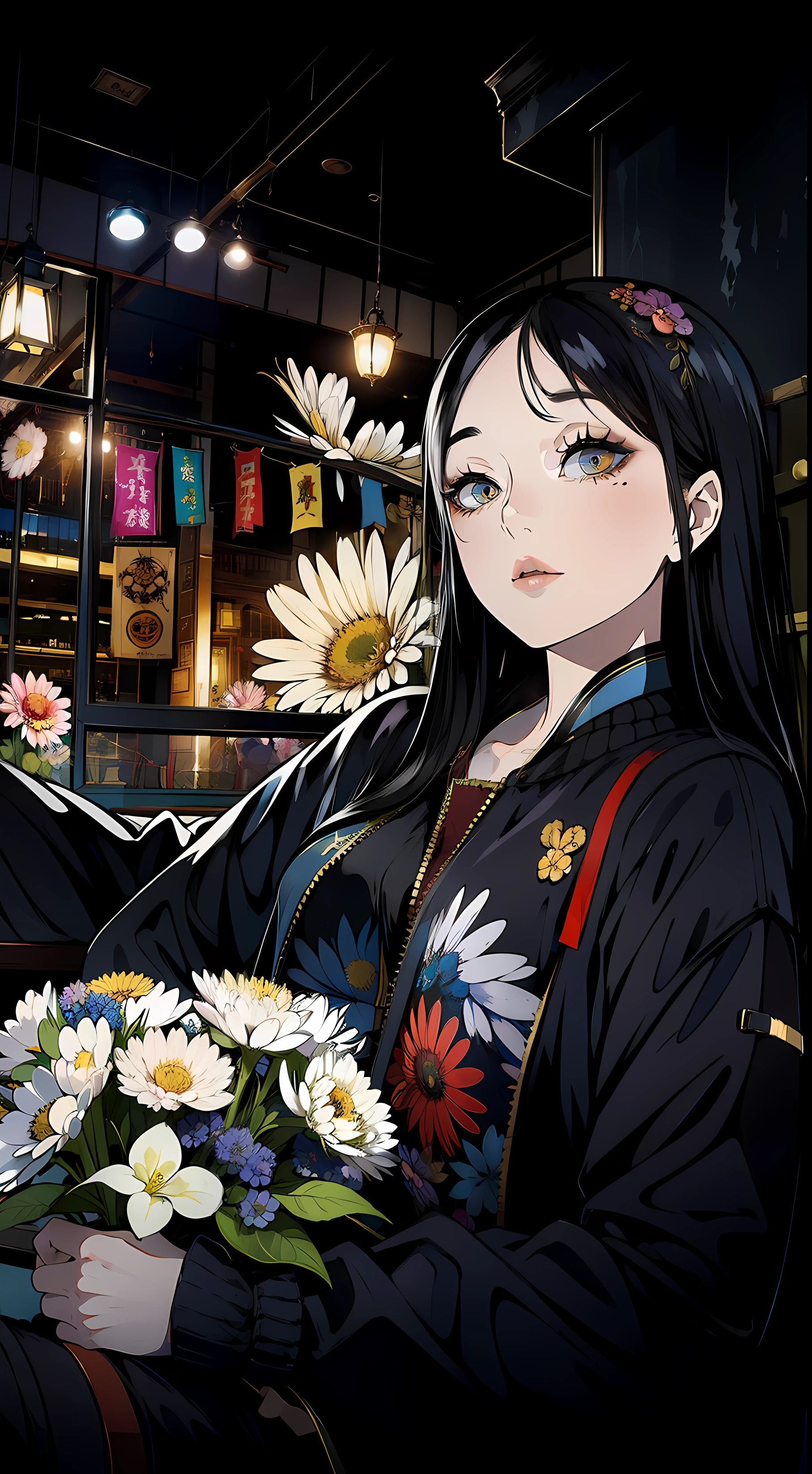 Absurd resolution, high resolution, (masterpiece: 1.4), hyper-detail, ung woman, long black hair, jacket, , sitting, holding a flower