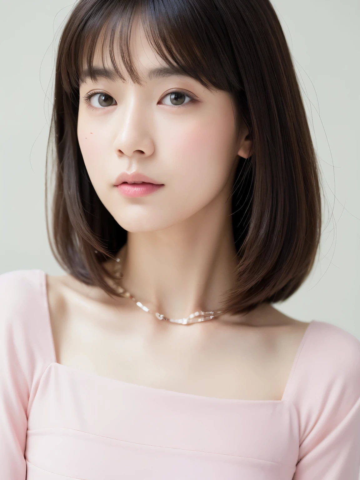 (highest quality、8K、32K、masterpiece、nffsw:1.2)、photo of cute japanese woman、very short bobbed hair、Upper body、Taken in front of a white wall、((pastel colored spring clothes、Long sleeve dresses))、surface focus、、necklace、simple background、From above、looking at the viewer、(8K、Raw photo、highest quality、masterpiece:1.2)、(realistic、Photoreal:1.37)、1 girl、Photo of a Japanese woman in her 30s、Shot in natural light、photon mapping、Physically based rendering、excellent image quality、High resolution、1080P、(clean face)、(Detailed facial description)、(detailed description of hands)、(Masseter muscle part)、(Detailed CG)、 hair is dirty、masterpiece、rich details、(exquisite features)、(best image quality)、(masterpiece)、(detailed eye)、looking forward to your eyes、delicate clavicle、Versatile poses、profile