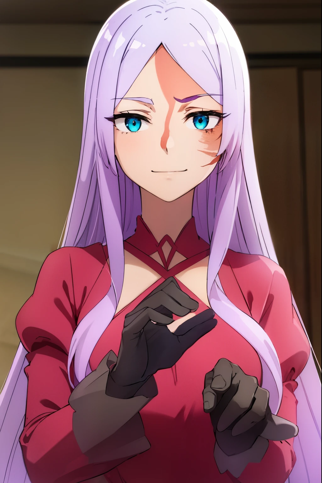 angurea, angurea, long hair, very long hair, purple hair, blue eyes, (scar:1.5), (parted bangs:1.5), smile, grin,
BREAK gloves, dress, cleavage, black gloves, red dress, long sleeves, puffy sleeves,
BREAK indoors, classroom,
BREAK looking at viewer,
BREAK (masterpiece:1.2), best quality, high resolution, unity 8k wallpaper, (illustration:0.8), (beautiful detailed eyes:1.6), extremely detailed face, perfect lighting, extremely detailed CG, (perfect hands, perfect anatomy),