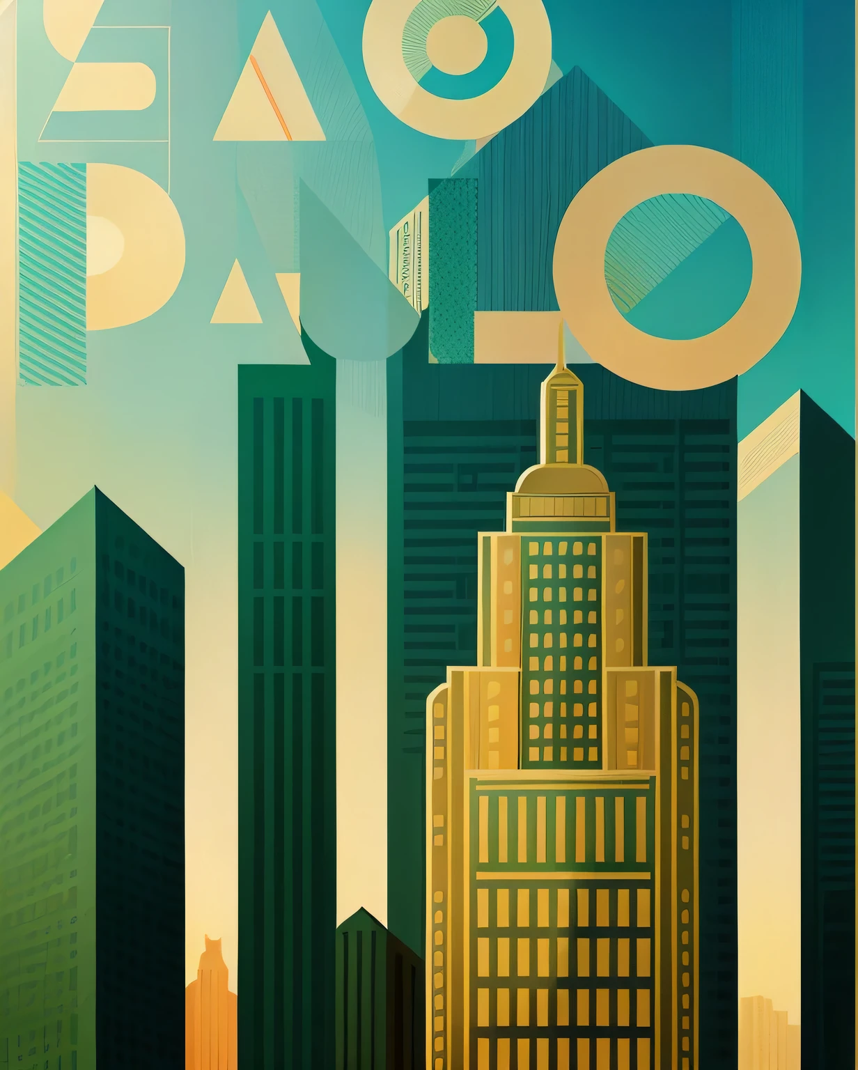 a close-up of a poster with the city skyline in the background, Cartaz Art Deco, art deco illustration, inspired by Pál Balkay, Direction: David Palumbo, inspired by art deco, Geometric Deco Art, inspired by László Paál, cinematographic. art Deco, inspirado em Pablo Rey, inspired Direction: David Palumbo