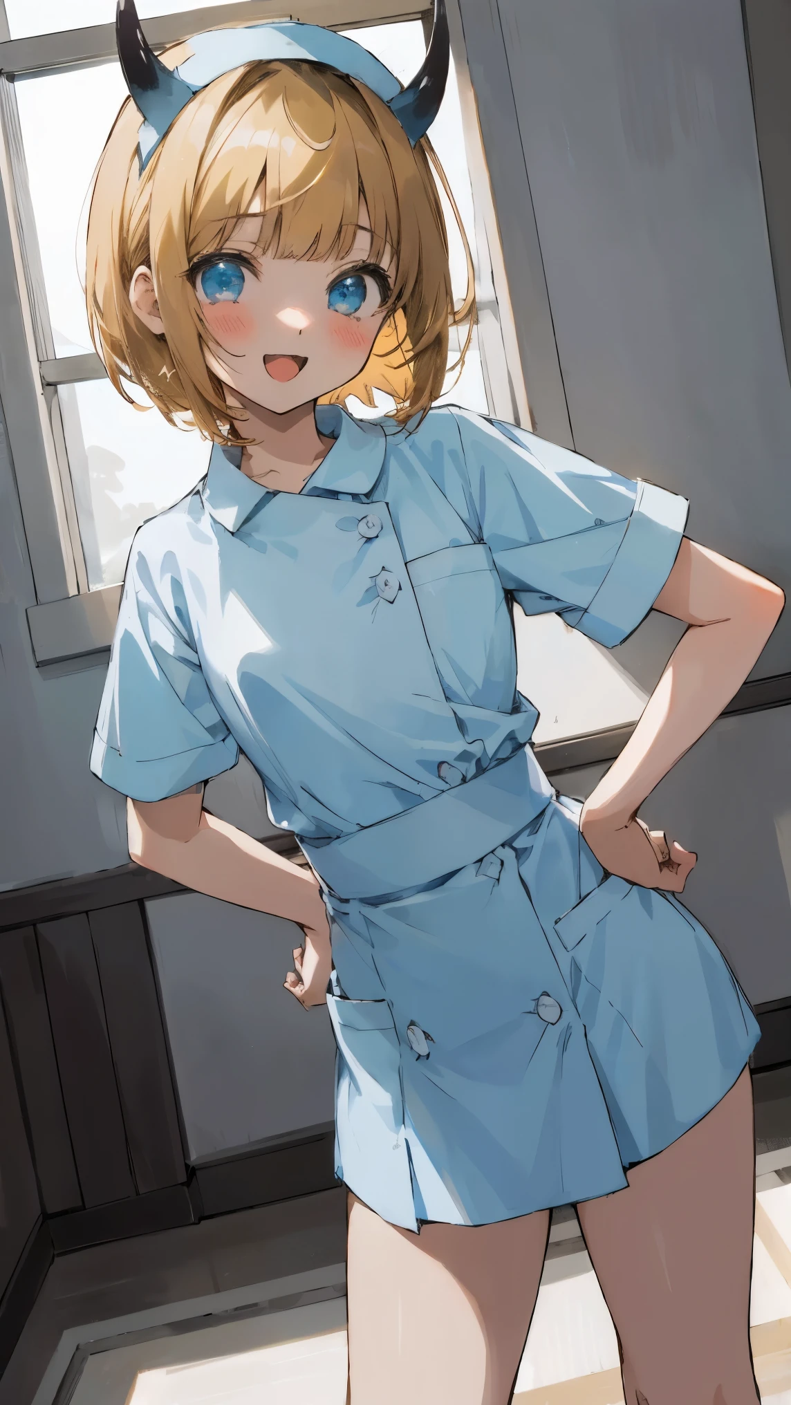 masterpiece、highest quality、masterpiece、beautiful lighting, 1 girl, alone, MEMcho, soft four， nurse uniform, ((anime style))、((2D))、laughter、open your mouth、thighs、Horn Headband、My Favorites 、bob cut、bob hair、blue eyes、blonde、nurse cosplay、白いnurse uniform、short horns、hands on hips、Lean forward and looking at the camera、shy