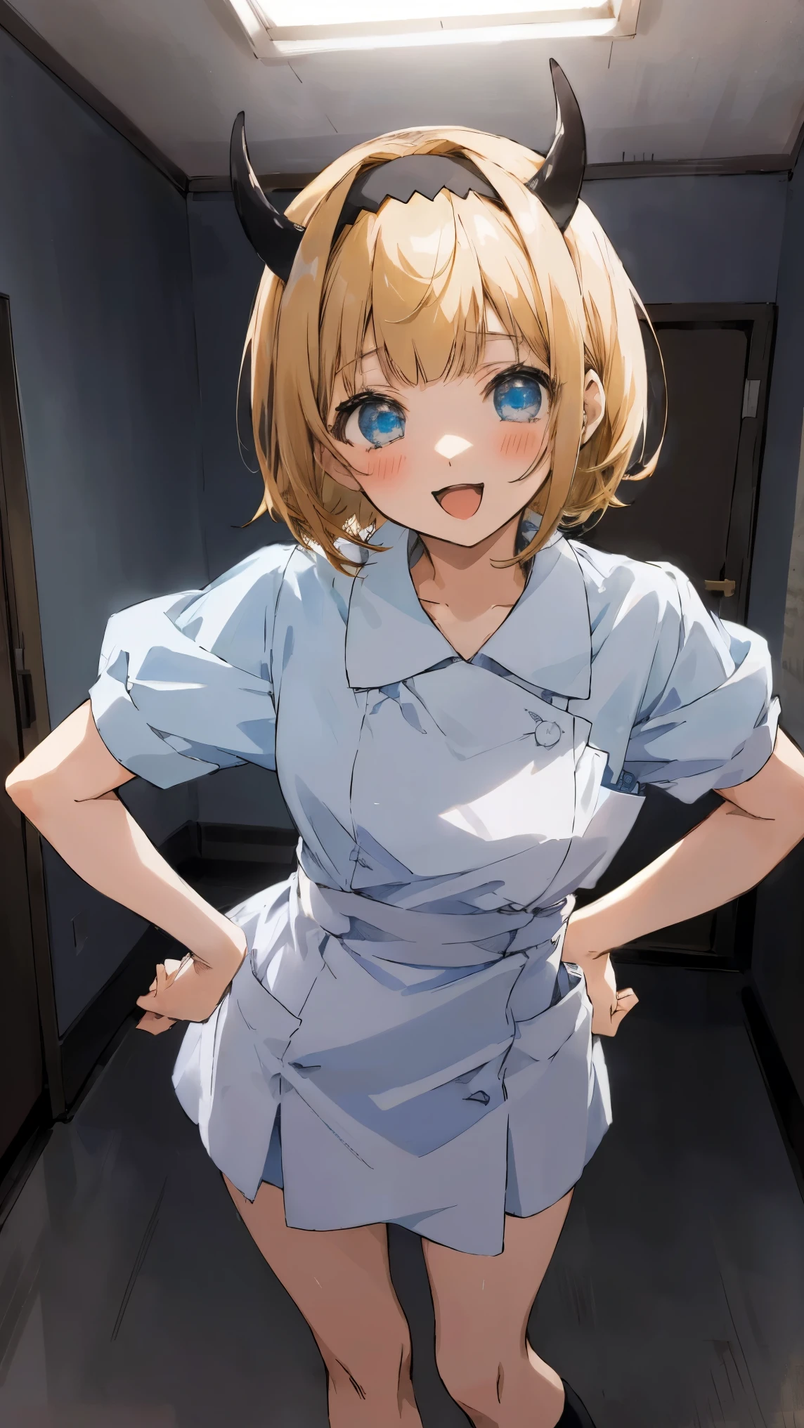 masterpiece、highest quality、masterpiece、beautiful lighting, 1 girl, alone, MEMcho, soft four, nurse uniform, ((anime style))、((2D))、laughter、open your mouth、thighs、Horn Headband、My Favorites 、bob cut、bob hair、blue eyes、blonde、nurse cosplay、白いnurse uniform、short horns、hands on hips、Lean forward and looking at the camera、shy