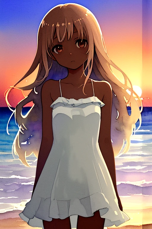 masterpiece, high quality, A girl in a one-piece dress standing on the beach at duskm, The illustration is drawn in watercolor with a pastel color scheme, soft touch color, long brown hair, dark_skin, white one-piece dress, okinawa, beach, sunset, magic hour, twilight, bokeh,