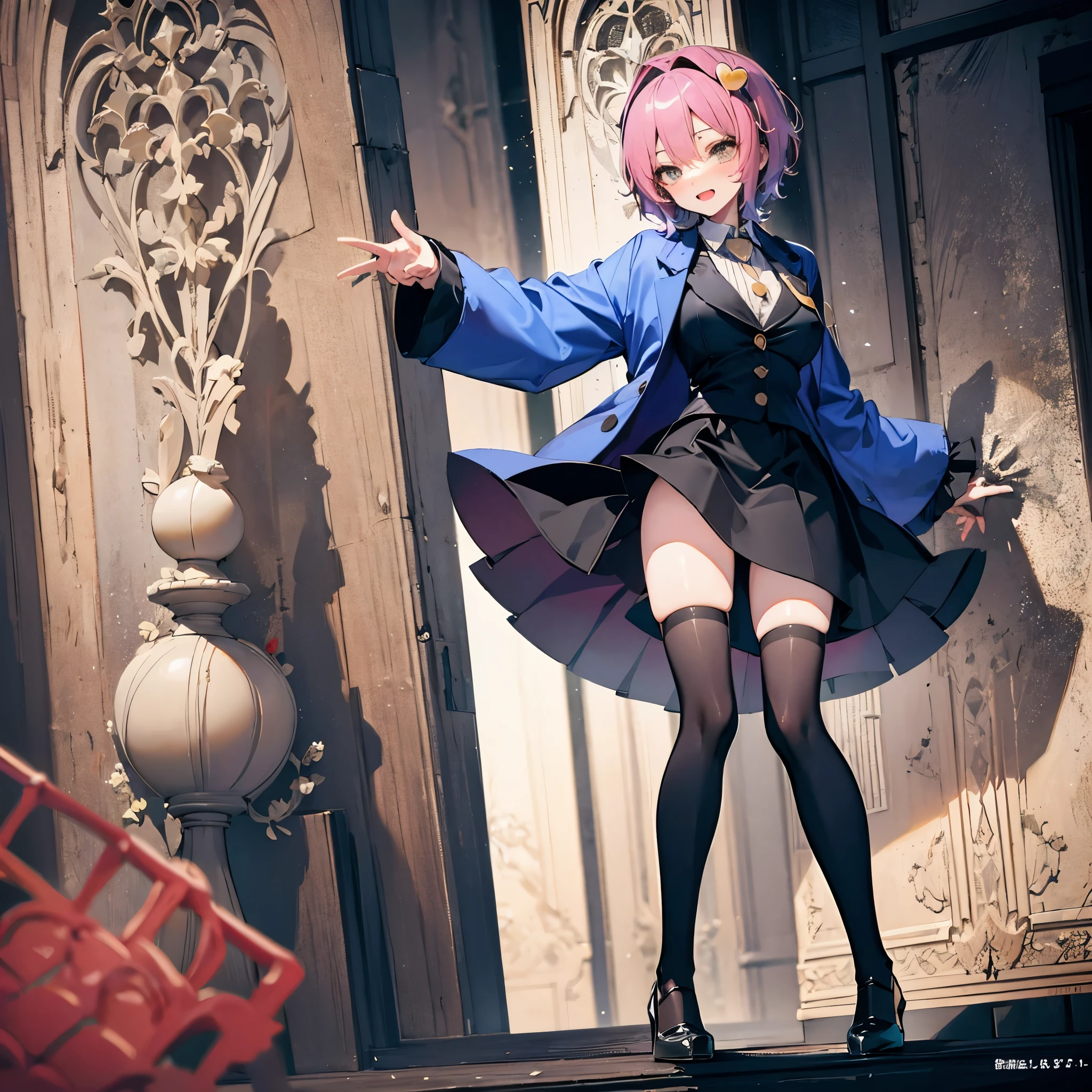 (Satori toho character:1.1), (solo), (standing), (stained glass), BREAK, short hair, large perky breasts, (inconceivably short torso), (inconceivably thin waist:1.2), (very long legs), BREAK, (tight black blazer:1.3), (black thighhighs:1.35), (very short black high-waist skirt:1.35) cinches waist too tight, (highheels), BREAK, nose blush, sad smile, open mouth, BREAK, masterpiece, ultra-detailed, ultra high resolution, full body