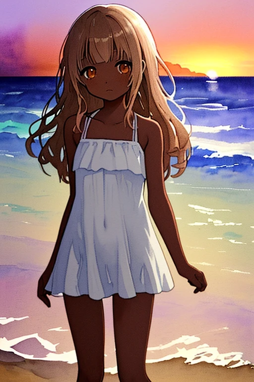 masterpiece, high quality, A girl in a one-piece dress standing on the beach at duskm, The illustration is drawn in watercolor with a pastel color scheme, soft touch color, long brown hair, dark_skin, white one-piece dress, okinawa, beach, sunset, magic hour, twilight, bokeh,