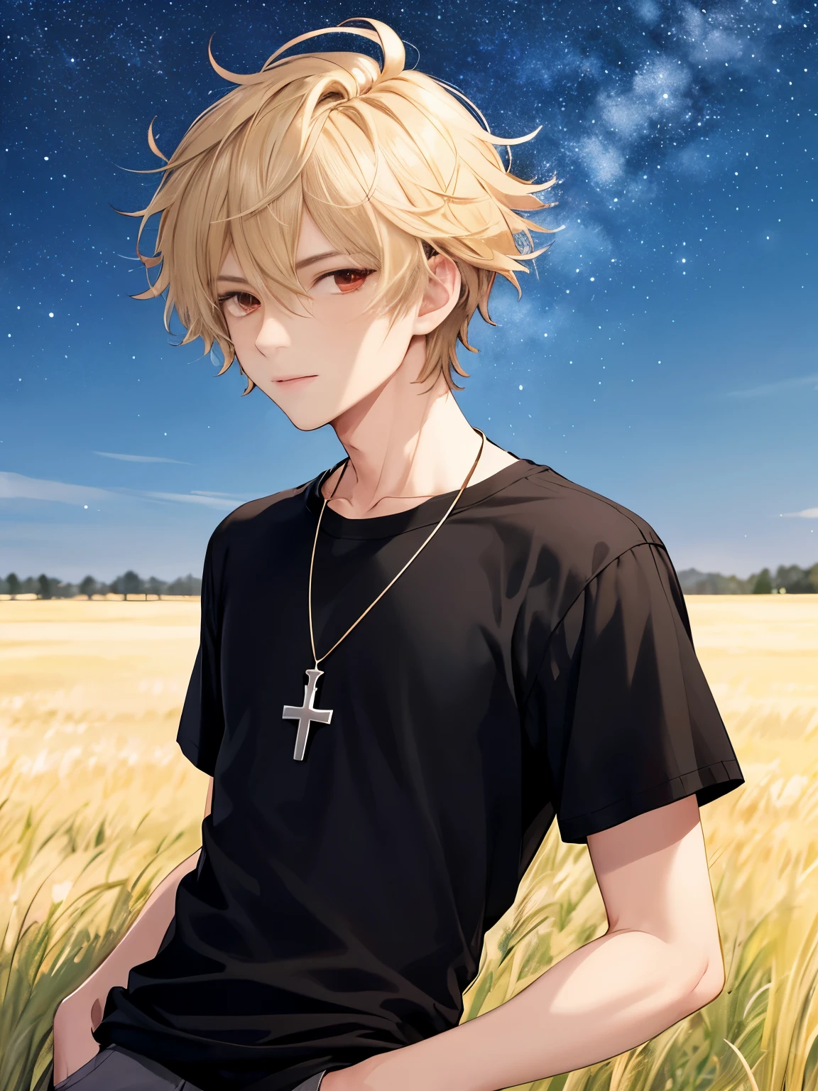 1 boy,18 years old, cross necklace,On the grass field, at night, full of stars,handsome,Various kinds of expressions, messy hair,Looking ahead,Perfect face, detailed face, short hair, blonde hair,half body photo,black t-shirt, short sleeve t-shirt,black trousers, red eyes, vampire