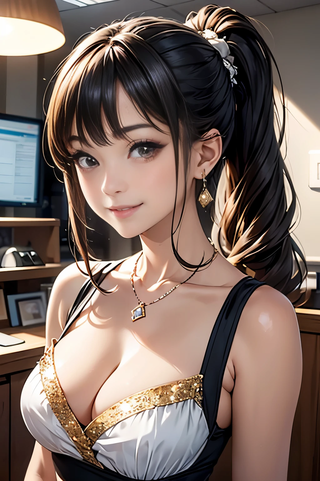 (1 front photo), beautiful face, Highly detailed face and skin texture, fine eyes, fine eyes, brown eyes, double eyelid, thin eyebrows, glitter eyeliner: 1.2, natural cheeks, shiny skin, white skin: 1.2, shiny necklace and earrings, (glossy lips: 1. 4), (enchanting smile), (20-year-old), (high ponytail, wavy hair, brown hair, diagonal bangs), medium long hair, ((upper body shot)), (Focus on the chest and face), medium to large breasts, perky chest, (at work)).