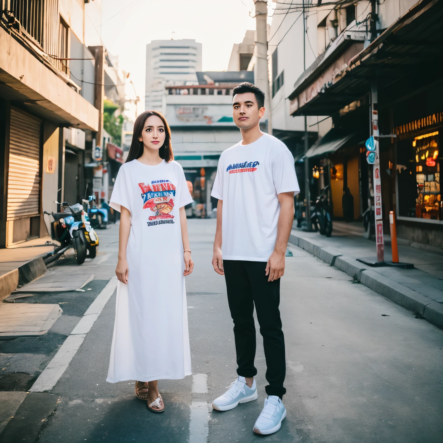 1 man and woman aged 23 years, man in white t-shirt with white t-shirt sleeves, Indonesian face, full body, soft lighting graffiti building background, masterpiece, best quality, 8k UHD, DSLR camera, film grain, Fujifilm XT3 photorealistic art , by midjourney and greg rutkowski INFORMATION