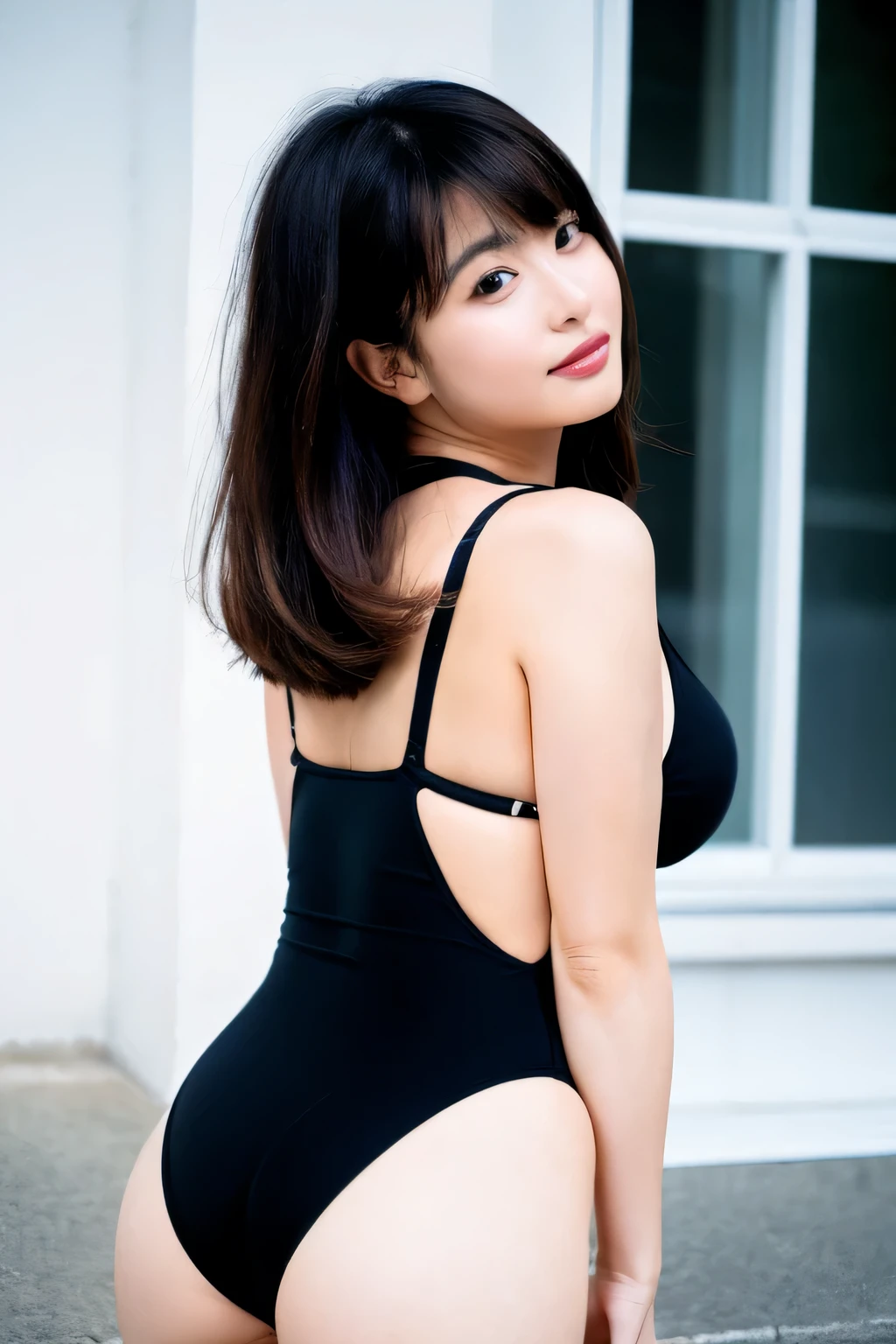 A woman in her 40s with straight hair with shoulder-length bangs、Fumiko Kondo、The ends of the hair are curled inward、Mature woman in swimsuit、get down on all fours, look over your shoulder at the photographer.、Sexy pose with butt facing forward、big lower body、thighs、full body image、black one piece swimsuit photo