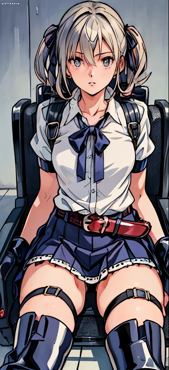 (highest quality,4K,8K,High resolution,table top:1.2), Super detailed, (realistic,photorealistic,photo-realistic:1.37), (full body),sickly beautiful girl, sad,I was surprised,(gray hair color),(long hair), ((riding a wheelchair)),((row a wheelchair)),((hair above the eyes)),(high-school-uniform),(blouse),(ribbon),(skirt),(wear black open finger gloves),((black lace-up long boots)),((long boots with many belts)),((long boots with many belts)),(knee pads),(braces in legs),espadrilles,beautiful and detailed eyes, beautiful detailed lips, highly detailed eyes and face, long eyelashes, realistic anime 3D style, Smooth anime CG art, Digital rendering by Makoto Shinkai, Moe anime art style, photorealistic rendering of an anime girl, Shinkai Makoto style, Cute anime girl visuals, realistic young anime girl, girl fan art, Created by Anime Artist'studio of.