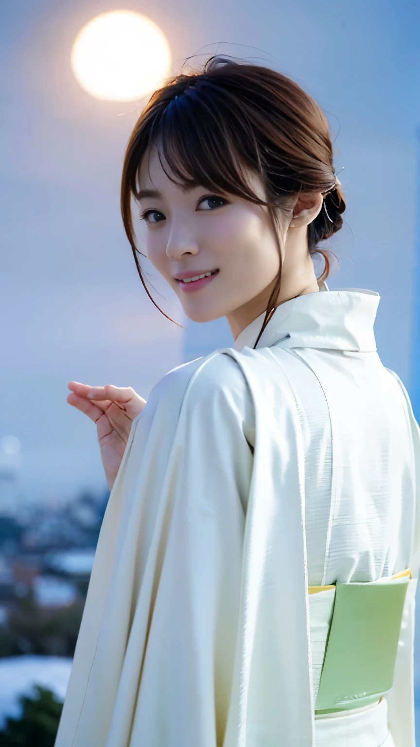 A beautiful woman standing on a snowy mountain at night wearing a pure white thin kimono that shows little skin.,(((In the moonlight of a blizzard, a snow woman looking good in a plain white kimono is staring at me and beckoning me.))),Full body shot from high up in the sky,best image quality,professional angle of view,Exceptional detail,Super high resolution,realistic:1.4),high detail,focus on details,1girl concentrated in high concentration,long hair,delicate and beautiful face,white small string bikini,Long limbs and slim waist like a model,barefoot,The best smile with raised eyebrows and corners of the mouth,