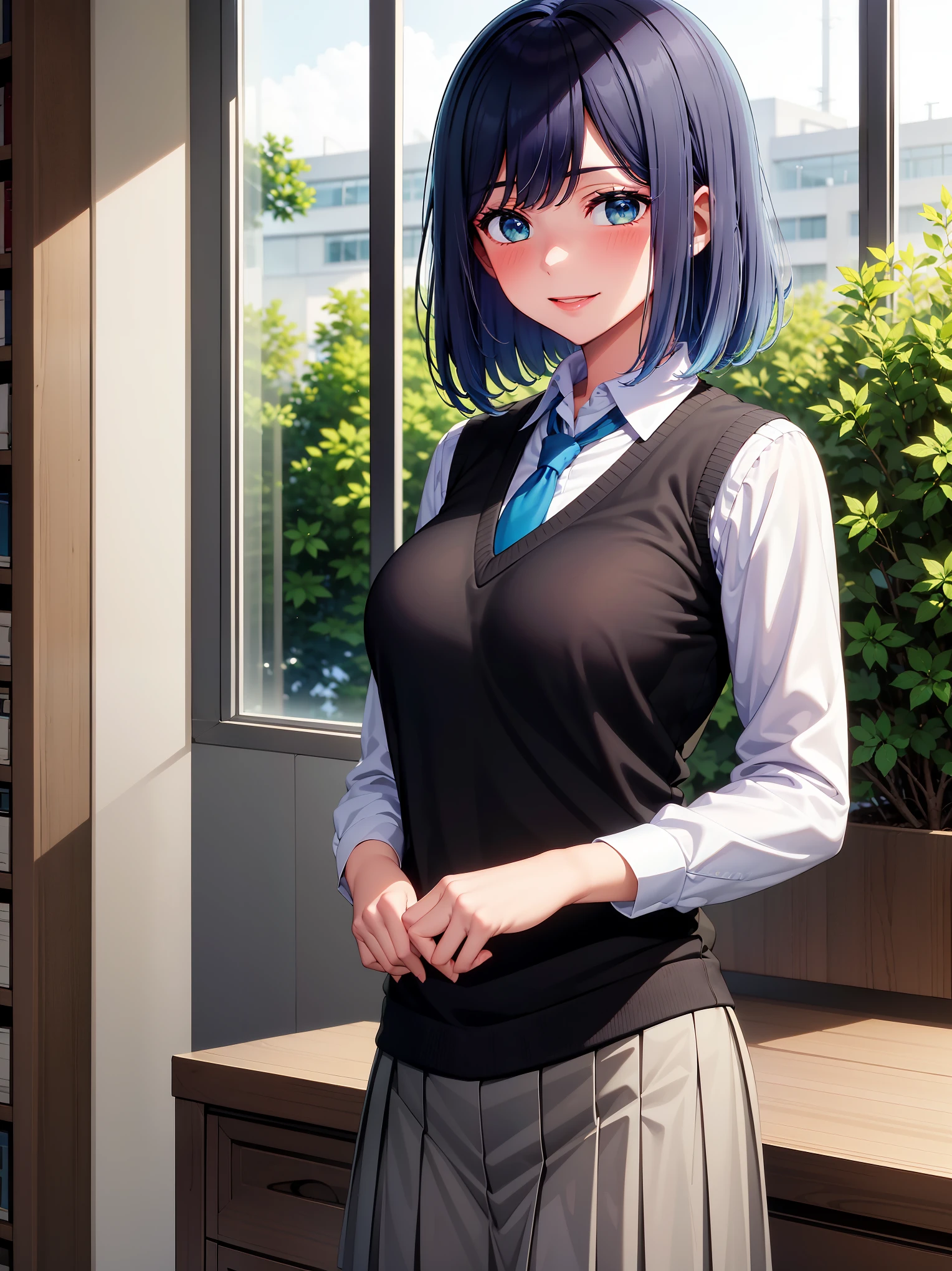 (masterpiece, highest quality:1.2), 1 girl, alone, Akane Kurokawa, 1 girl, dark blue hair, medium hair, one length bob, Added bangs to add brightness to the face, Hair ends remain thick overall. , blue eyes, green eyes, school uniform, white shirt, collared shirt, vest, white shirt, sweater vest, black vest, blue tie, gray pleated skirt, smile, In a field of colorful flowers