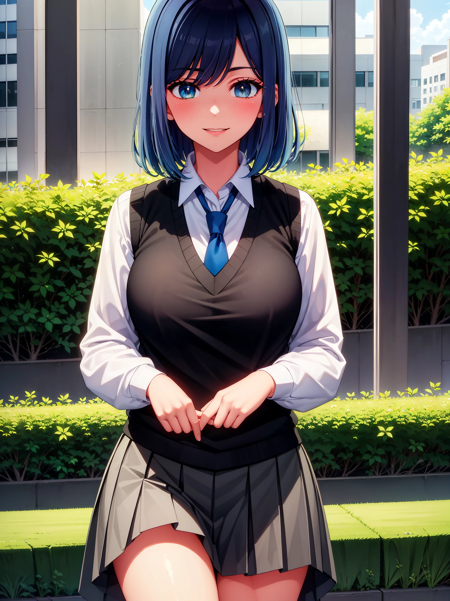 (masterpiece, highest quality:1.2), 1 girl, alone, Akane Kurokawa, 1 girl, dark blue hair, medium hair, one length bob, Added bangs to add brightness to the face, Hair ends remain thick overall. , blue eyes, green eyes, school uniform, white shirt, collared shirt, vest, white shirt, sweater vest, black vest, blue tie, gray pleated skirt, smile, In a field of colorful flowers