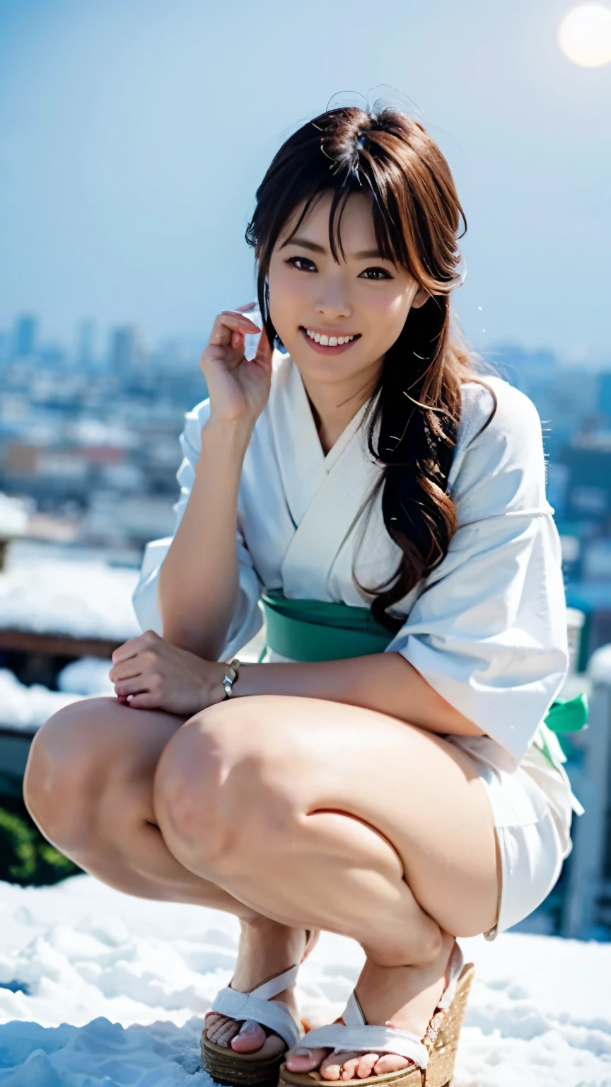 A beautiful woman standing on a snowy mountain at night wearing a pure white thin kimono that shows little skin.,(((In the moonlight of a blizzard, a snow woman looking good in a plain white kimono is squatting down, staring at me.))),Full body shot from high up in the sky,best image quality,professional angle of view,Exceptional detail,Super high resolution,realistic:1.4),high detail,focus on details,1girl concentrated in high concentration,long hair,delicate and beautiful face,white small string bikini,Long limbs and slim waist like a model,White Pin Heels,The best smile with raised eyebrows and corners of the mouth,