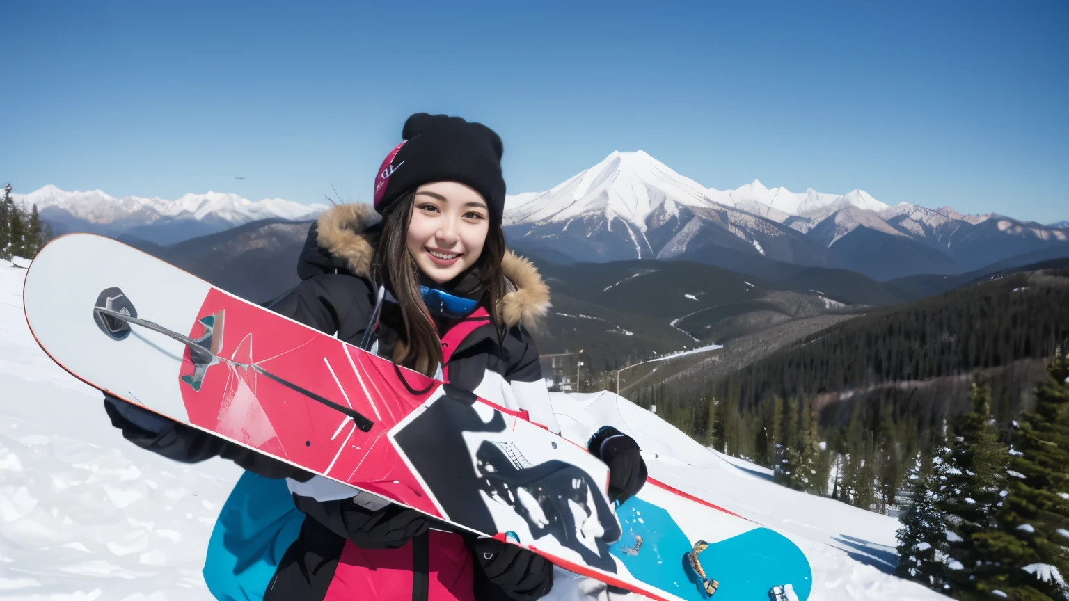 beautiful girl holding a snowboard,（Japanese idle:1.5）,