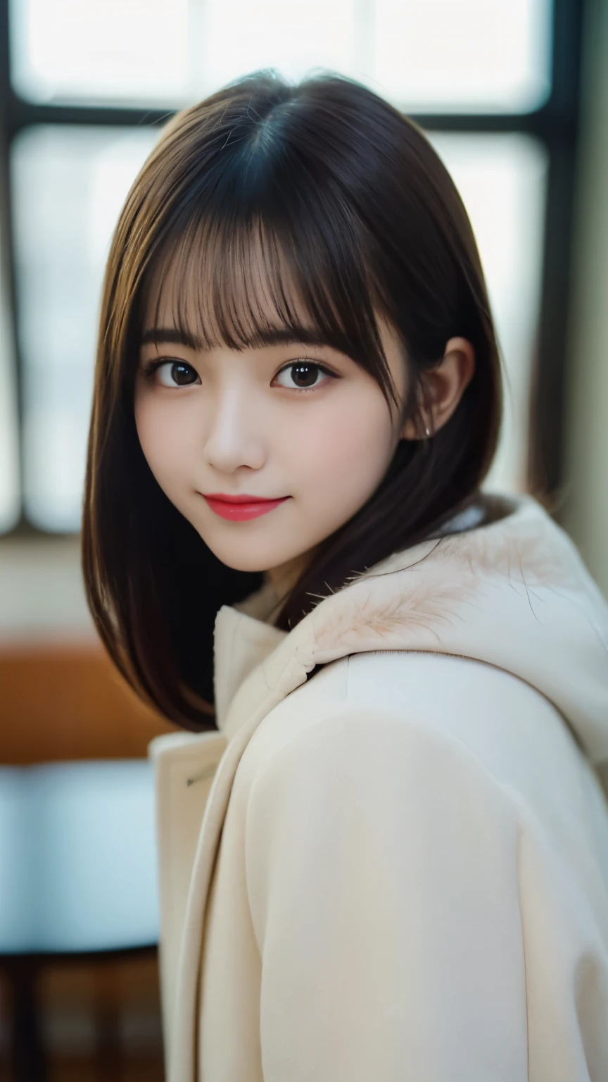 table top, highest quality, figure, super detailed, finely, High resolution, 8k wallpaper, 完璧なダイナミックな構figure, beautiful and fine eyes, white fluffy outerwear,medium hair,,natural color lip, bold sexy pose,smile,opulent mansion(room)、20 year old girl、cute、sexy looking at camera,perfect and beautiful face,Take a close-up photo of your face,Bring your face close to the camera and take a photo,blur the background