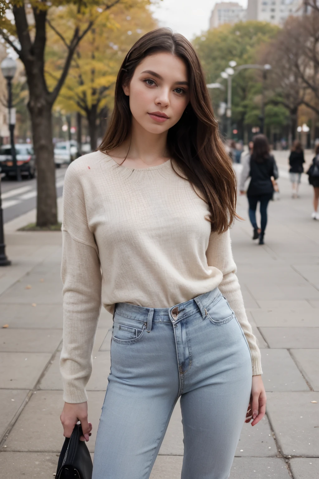 Style photography of a beautiful young woman, con botines beige y skinny blue jean, sueter de lana color mostaza (piel muy detallada: 1.2), Estilo lindo, En central park, pose de miss universo