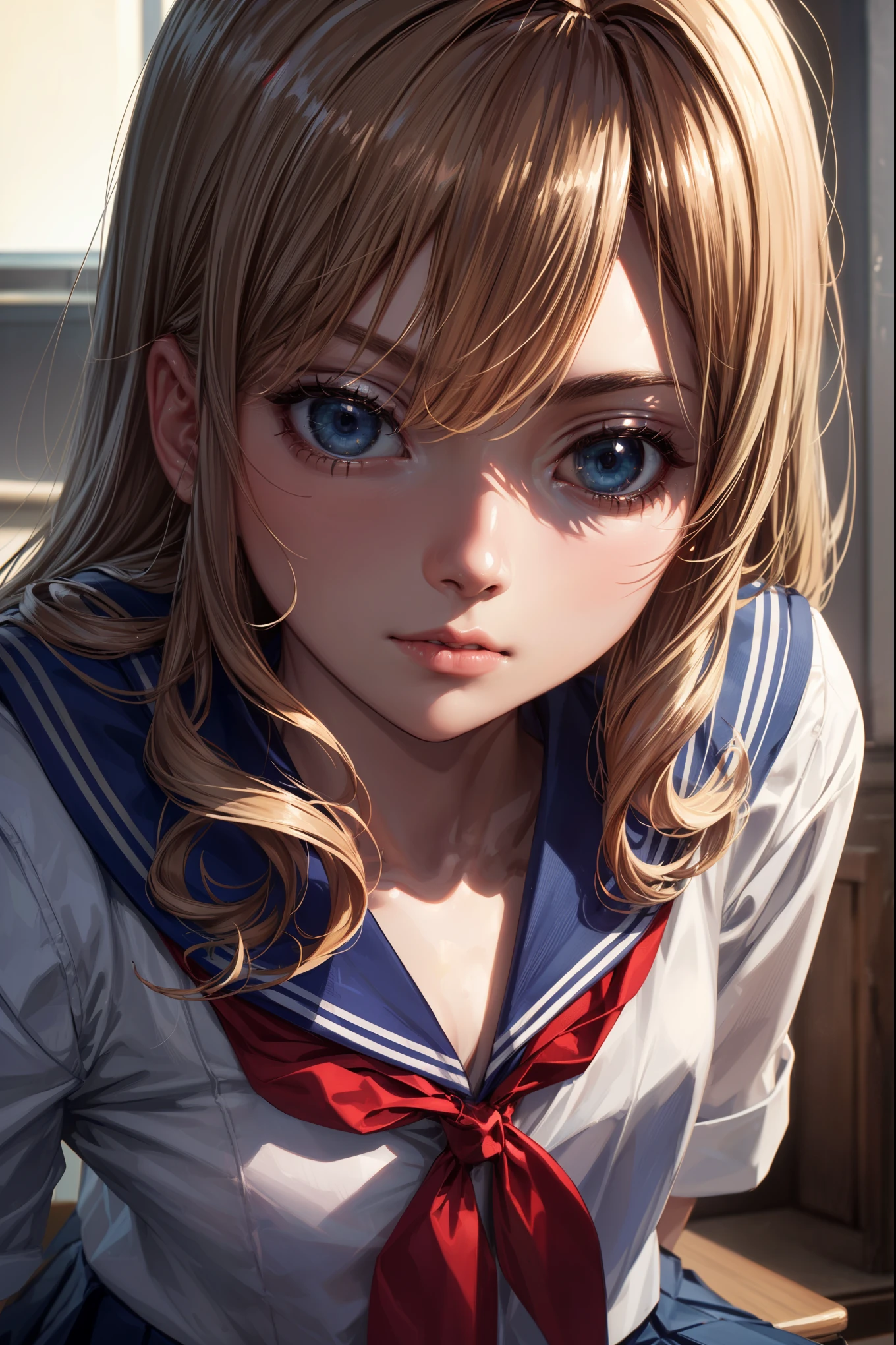 masterpiece, best quality, 8k, official art, raw photo, incredibly absurdres, beautiful girl, pretty face, (sitting, upper body, sailor uniform, serafuku,:1.2), school uniform, shirt, looking at viewer, close up, teen, classroom, bow tie, navy pleated skirt, ultra realistic, highres, photography, film grain, chromatic aberration, sharp focus, facelight, dynamic lighting, cinematic lighting, highest detailed, extreme detailed, ultra detailed, finely detail, extremely detailed eyes and face