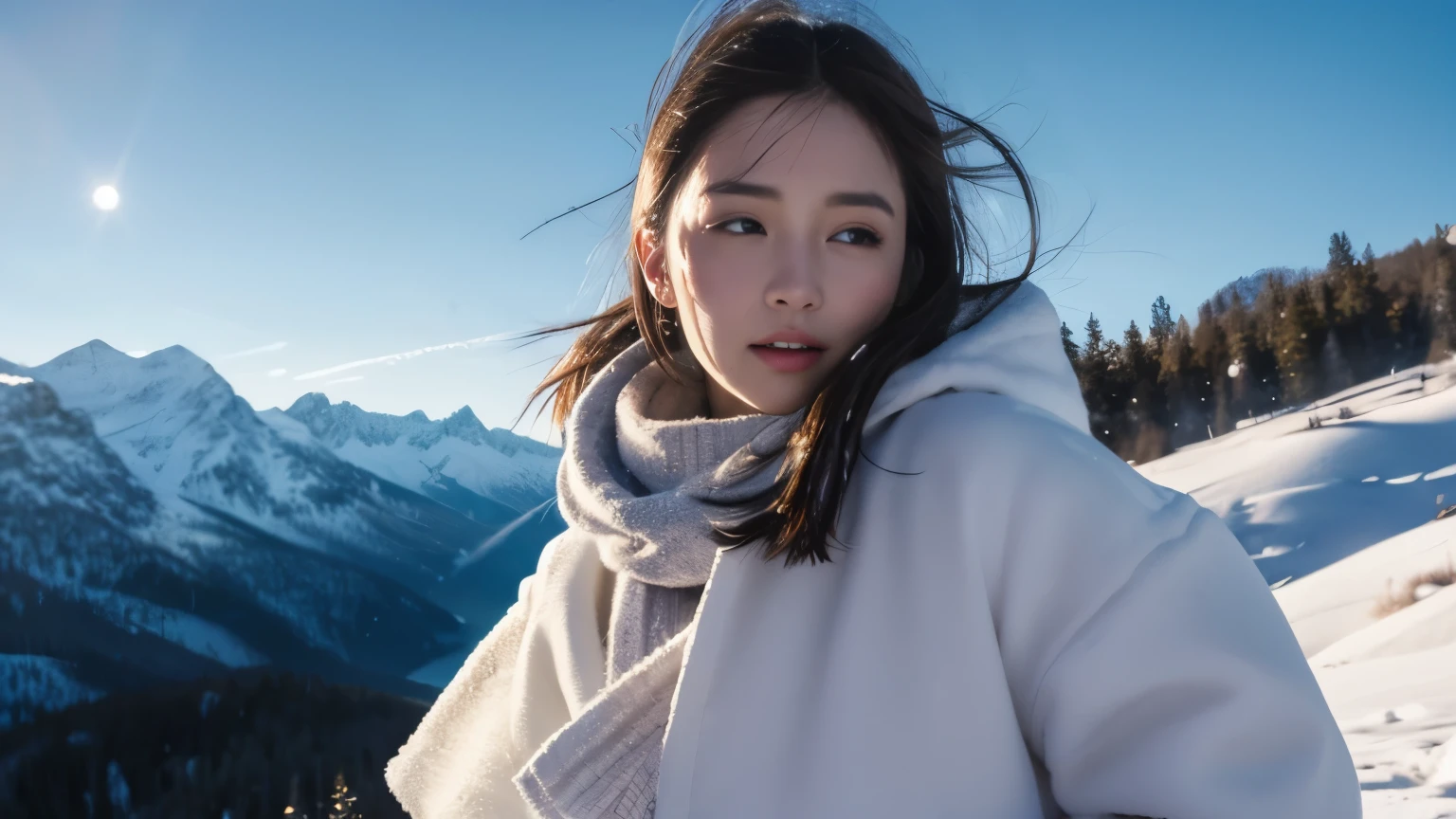 dewy skin, winter fashion, snowy mountain landscape, vibrant colors, soft lighting, action shot, dynamic pose