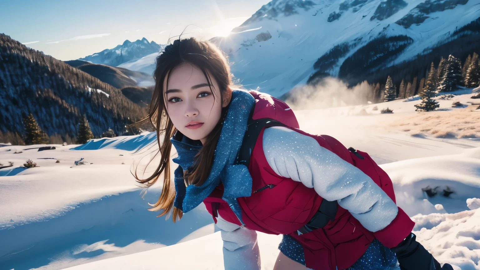 dewy skin, winter fashion, snowy mountain landscape, vibrant colors, soft lighting, action shot, dynamic pose
