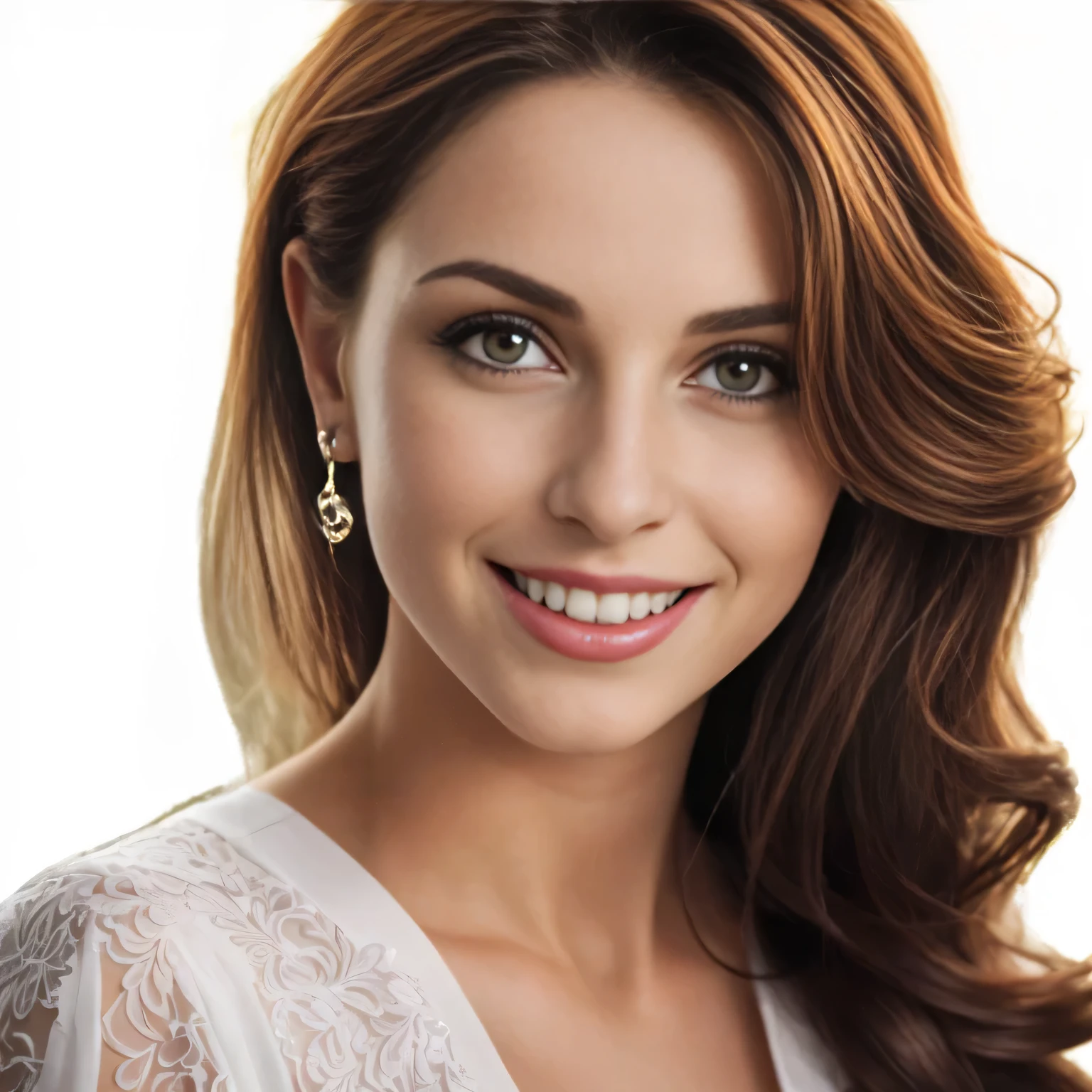 mulher sorridente, com longos cabelos castanhos, usando um vestido branco e brincos, mulher atraente de cabelo castanho, mulher bonita do rosto, linda e sorridente, beautiful face and flawless skin, mulher atraente, foto de uma linda mulher, jovem sorridente, bela imagem de retrato, uma linda jovem, rosto bonito e atraente, lindo elegante atraente, rosto feminino atraente, pose sorridente elegante, linda mulher
