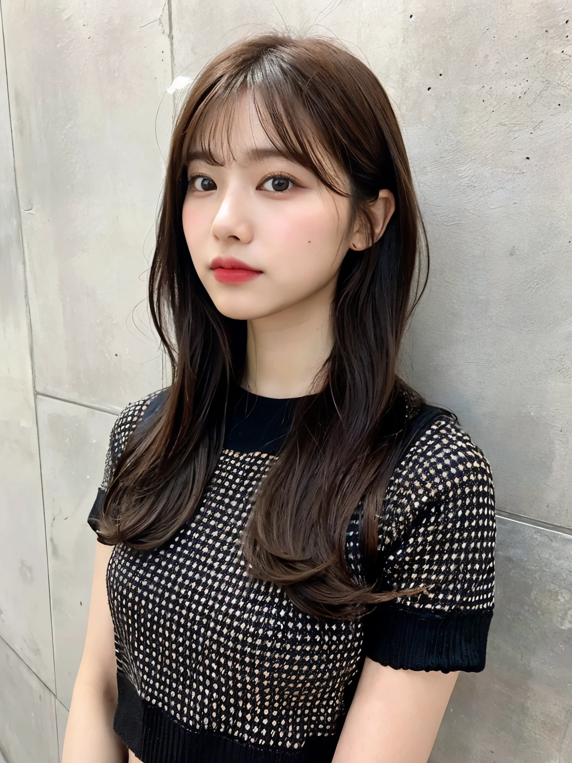 top quality, 1 beautiful woman, 28 years old, s, 35mm lens, f/1, Cowboy shot, Concrete background、Tile background、black waffle knit、light brown、tile wall,from below、wavy hair、medium hair