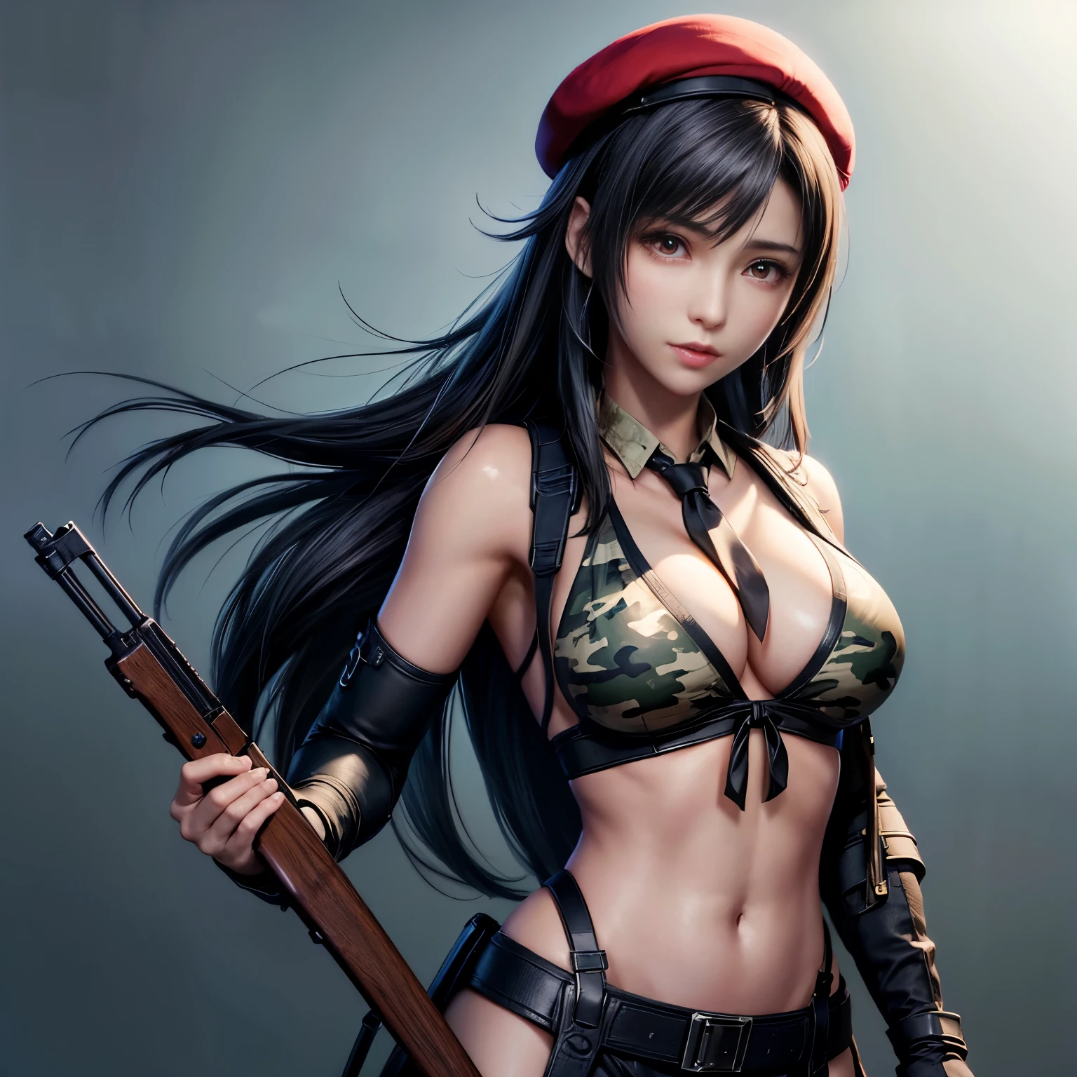 (upper body), ???? Tifa Lockhart holding a rifle,????, 1girl in, (solo), masterpiece, best quality, 8K, hight resolution, extremely detailed girl, extremely detailed beautiful face, Beautiful skin, shiny skin, perfect ???????, smile, looking at viewer, beautiful eyes, weapon, assault rifle, holding rifle, ???????, beret, ?????????????, belt, military, black hair, cleavage, necktie, camouflage pattern micro ??????, tifa lockhart, red eyes, black hair, long hair, tifa red iris, Simple background, single color background,
