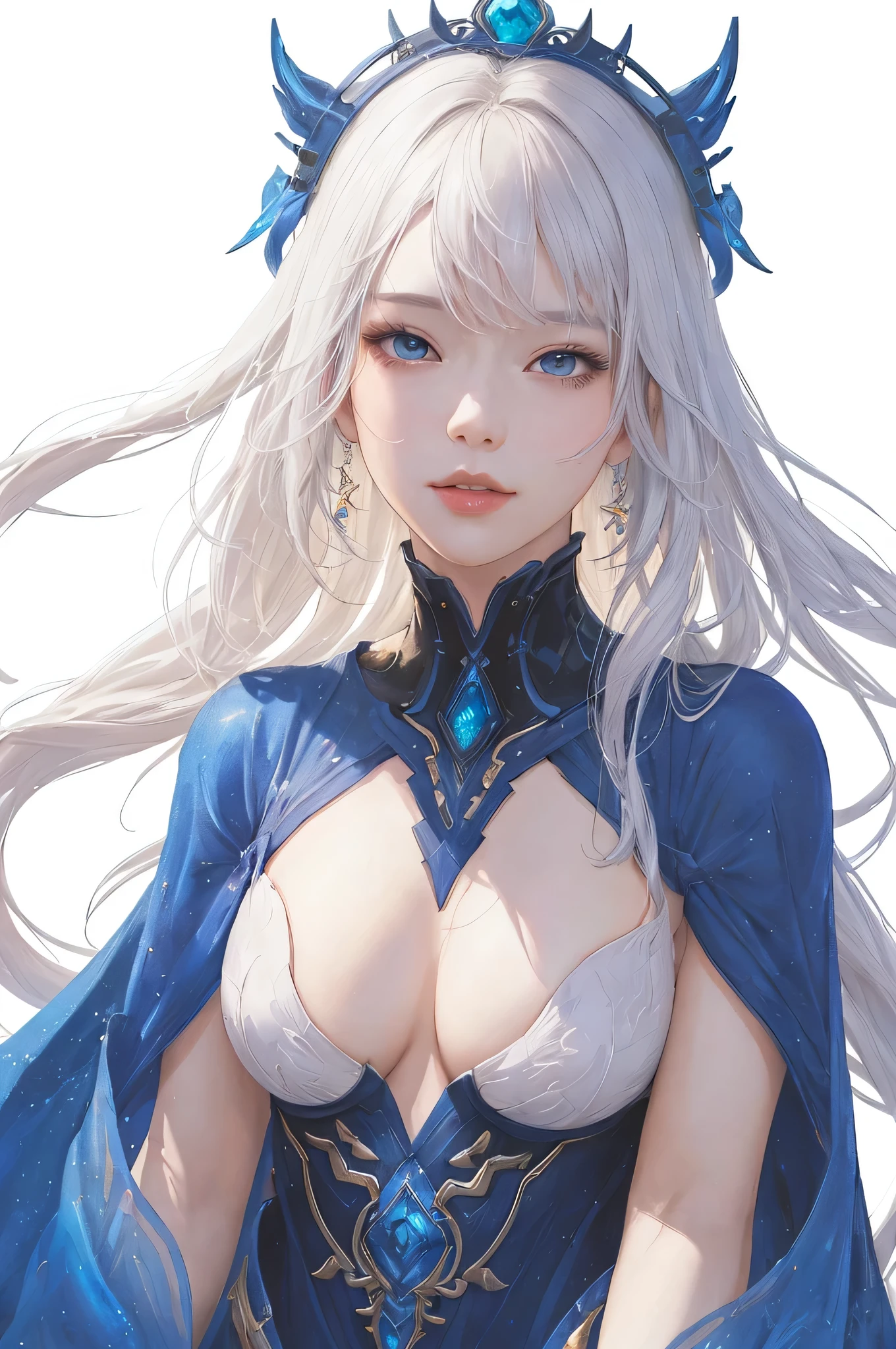 Best AI Image Generation Creator、1 beautiful girl、large round eyes、Solo、Realistic,Lips,masutepiece,Best Quality,Good anatomy，Skin Texture、White background、Smaller chest、white  hair、robe blanche、Fantasy Art Style, palatial palace 、 Azure. detailed hairs, beautiful fantasy art portrait, 4K highly detailed digital art, a beautiful fantasy empress, artwork in the style of guweiz, ((a beautiful fantasy empress)), 8k high quality detailed art, Beautiful Anime Portrait