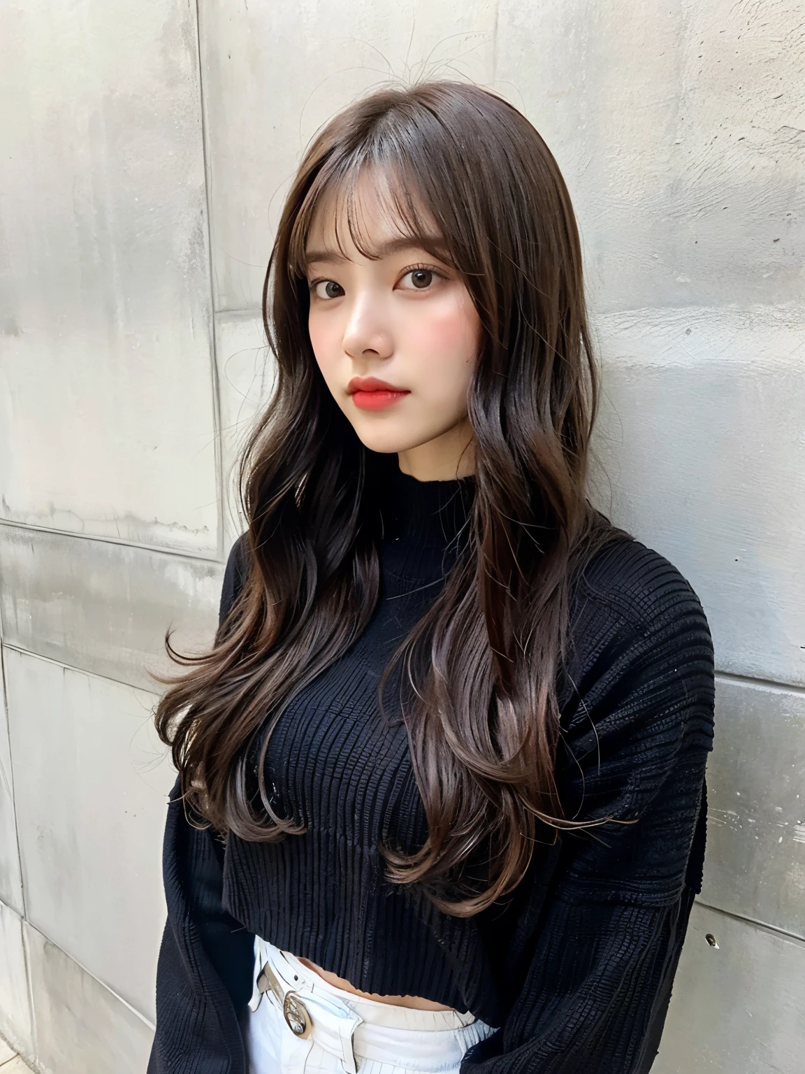 top quality, 1 beautiful woman, 28 years old, s, 35mm lens, f/1, Cowboy shot, Concrete background、Tile background、black waffle knit、light brown、tile wall,from below、wavy hair、medium hair