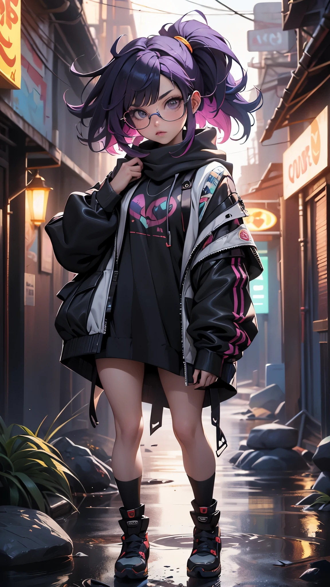 3679 cyberpunk year(obra maestra,High Definition,超High Definition,32k loto root starch)Loose bright purple hair,Autumn pond, loto root starch color, Asian (Michiko), (silk scarf), postura de lucha, mirando los globos de colores, Cabello largo degradado naranja, ((Gafas reflectantes de jade a prueba de viento con montura gruesa))Floating bright purple, Tocado de nube de fuego dorado, Prenda china de seda dorada de manga larga, (Salpicadura de tinta abstracta:1.2),Antecedentes de Marte,loto(de modo realista:1.4),cabello morado brillante,Humo en la carretera,fondo muy marfil、Puro, high resolution, Gafas protectoras contra el viento detalladas, RAW photos loto root starch, Re agudo, Nikon D850 Film Photography by Jefferies Lee 4 Kodak Portra 400 F1 Camera.6 armas, vistoso, super real、Texturas vivas, dramatic lighting, Tendencia de Unreal Engine Art Station, Nido de silicona 800, (background alley big stones night:1.4), (pose vaquero), (Perfect anatomy)