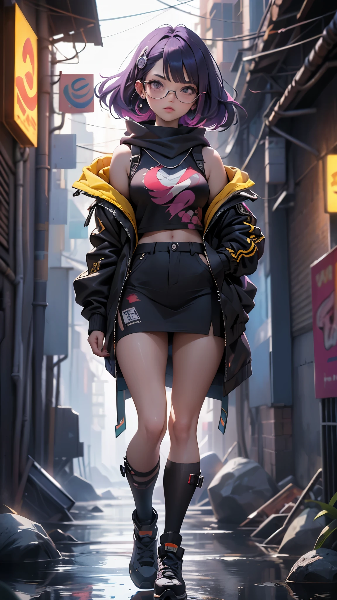 3679 cyberpunk year(obra maestra,High Definition,超High Definition,32k loto root starch)Loose bright purple hair,Autumn pond, loto root starch color, Asian (Michiko), (silk scarf), postura de lucha, mirando los globos de colores, Cabello largo degradado naranja, ((Gafas reflectantes de jade a prueba de viento con montura gruesa))Floating bright purple, Tocado de nube de fuego dorado, Prenda china de seda dorada de manga larga, (Salpicadura de tinta abstracta:1.2),Antecedentes de Marte,loto(de modo realista:1.4),cabello morado brillante,Humo en la carretera,fondo muy marfil、Puro, high resolution, Gafas protectoras contra el viento detalladas, RAW photos loto root starch, Re agudo, Nikon D850 Film Photography by Jefferies Lee 4 Kodak Portra 400 F1 Camera.6 armas, vistoso, super real、Texturas vivas, dramatic lighting, Tendencia de Unreal Engine Art Station, Nido de silicona 800, (background alley big stones night:1.4), (pose vaquero), (Perfect anatomy)