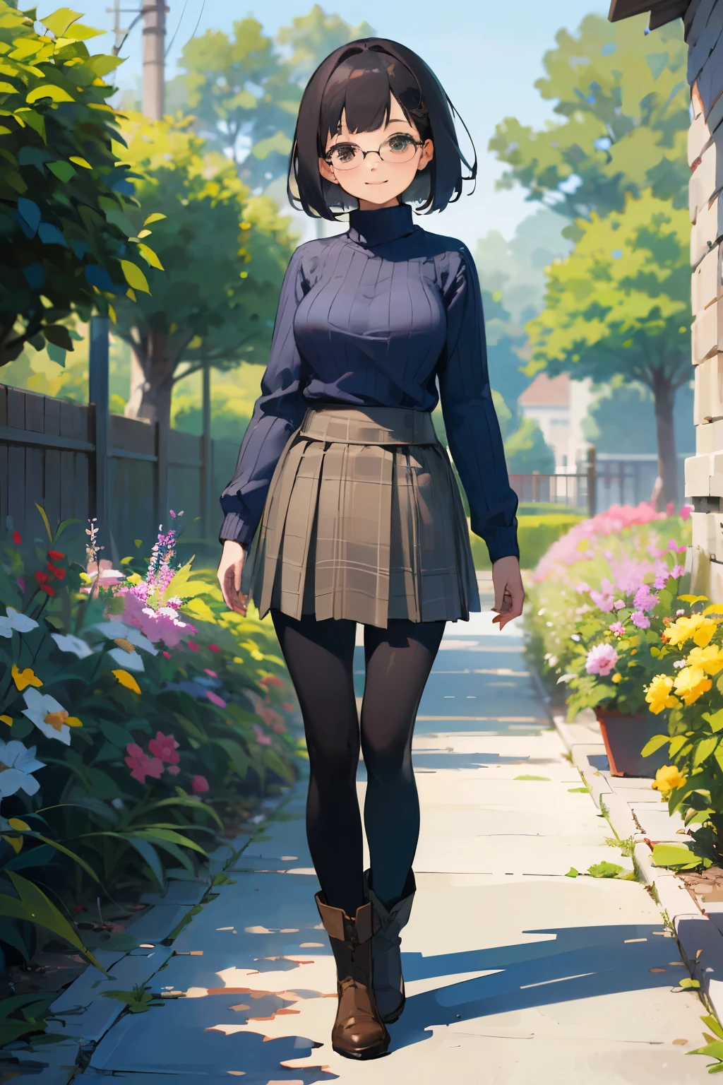 (high quality, High resolution, Super detailed, reality:1.37), peaceful atmosphere, (outdoor, garden), girl standing alone, (My breasts are big.), Beautiful detailed features, cute smile, (black bob hair),Glasses, ribbed sweater, Blue plaid skirt, black tights, brown boots.