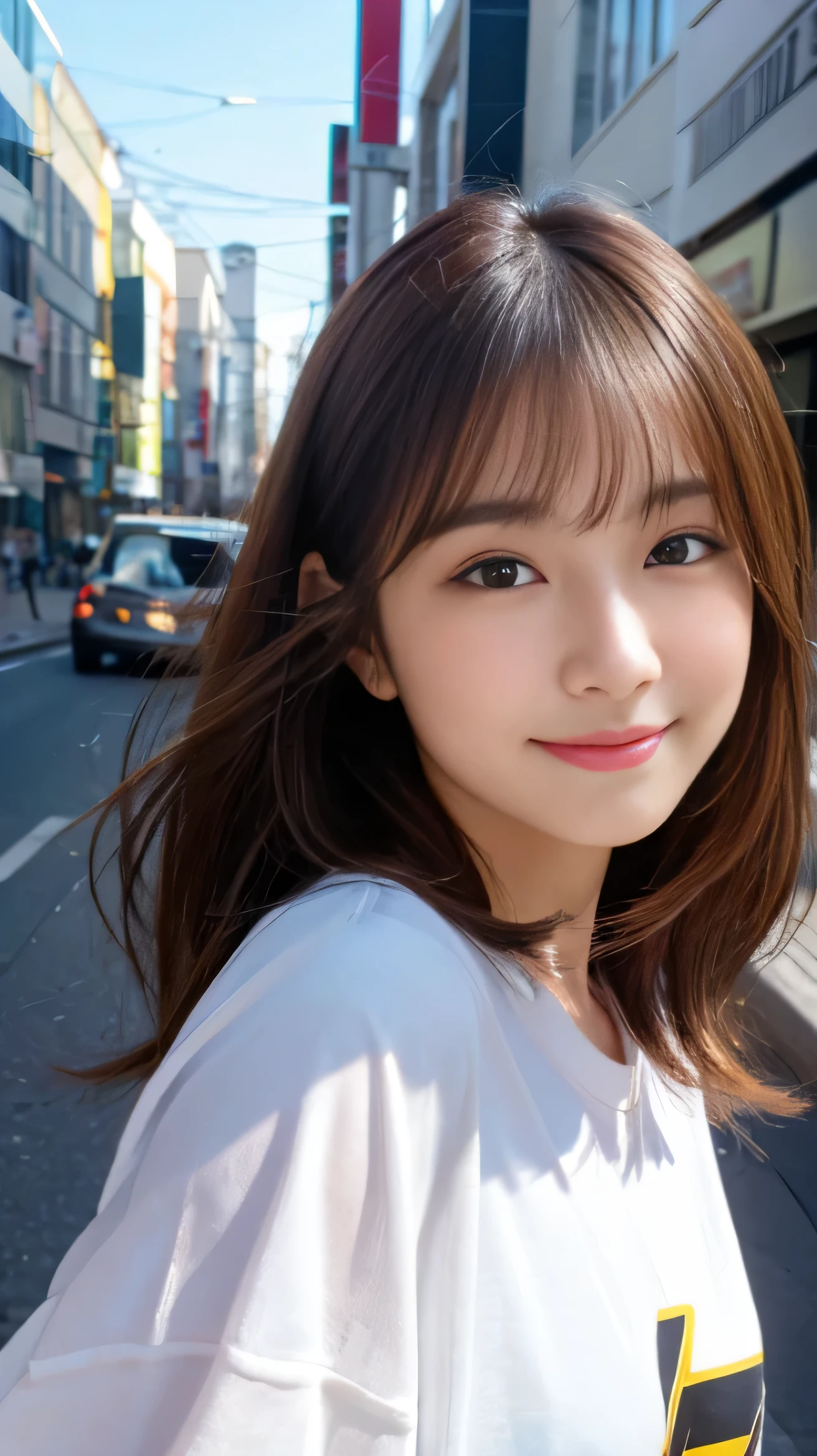 (highest quality,8K quality,masterpiece:1.3,),(ultra high resolution,Photoreal:1.4,RAW photo),(Super detailed,shiny skin,fine skin),(detailed face,perfect ???????,caustics),1 girl,cute,Japanese,21 years old,Japanese ID,natural brown hair,shoulder length hair,cute目,natural makeup,oversize tshirt,laughter,look at the camera,up on the face,face focus,street corner,professional writing,natural soft light、See-through、Prominent valleys、