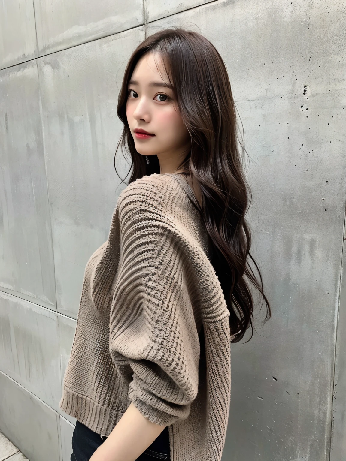 top quality, 1 beautiful woman, 28 years old, s, 35mm lens, f/1, Cowboy shot, Concrete background、Tile background、black waffle knit、light brown、tile wall,from below、wavy hair、medium hair
