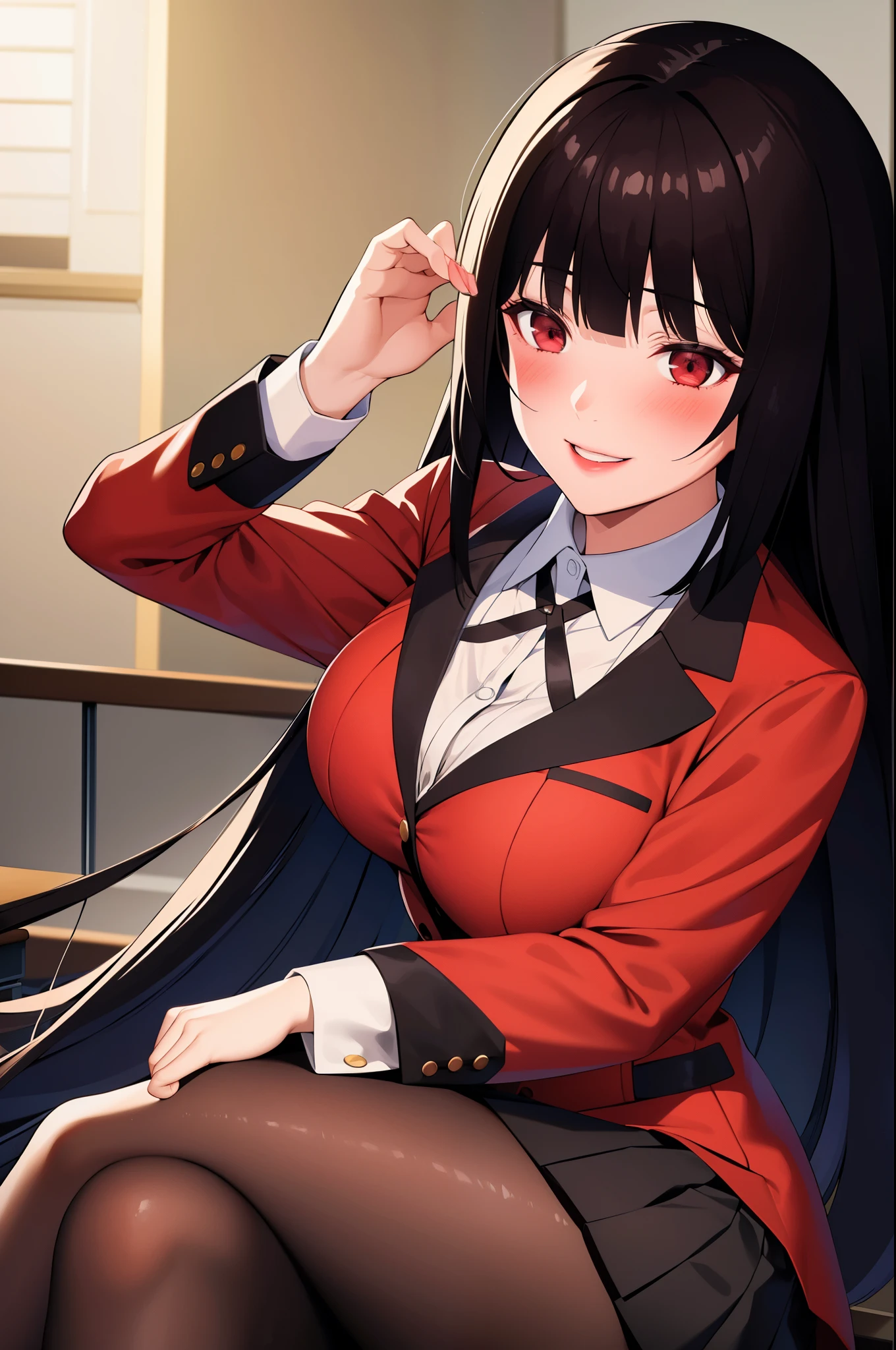 masterpiece, best quality, highres, hmjy1, long hair, blunt bangs, school uniform, red jacket, black pantyhose, white shirt, black ribbon, pleated skirt, long sleeves, cowboy shot, glowing eyes, blush, evil smile, sitting, classroom, dark background, crossed legs,