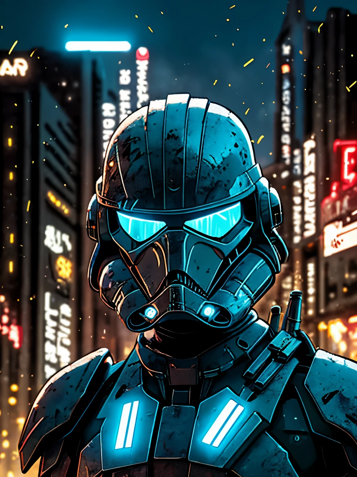 gloomy portrait of Zombie Stormtrooper from Star Wars, extremely detailed, futuristic cityscape, nighttime, glowing neon lights, smoke, sparks, metal shavings, flying debris, blue energy effects, volumetric light