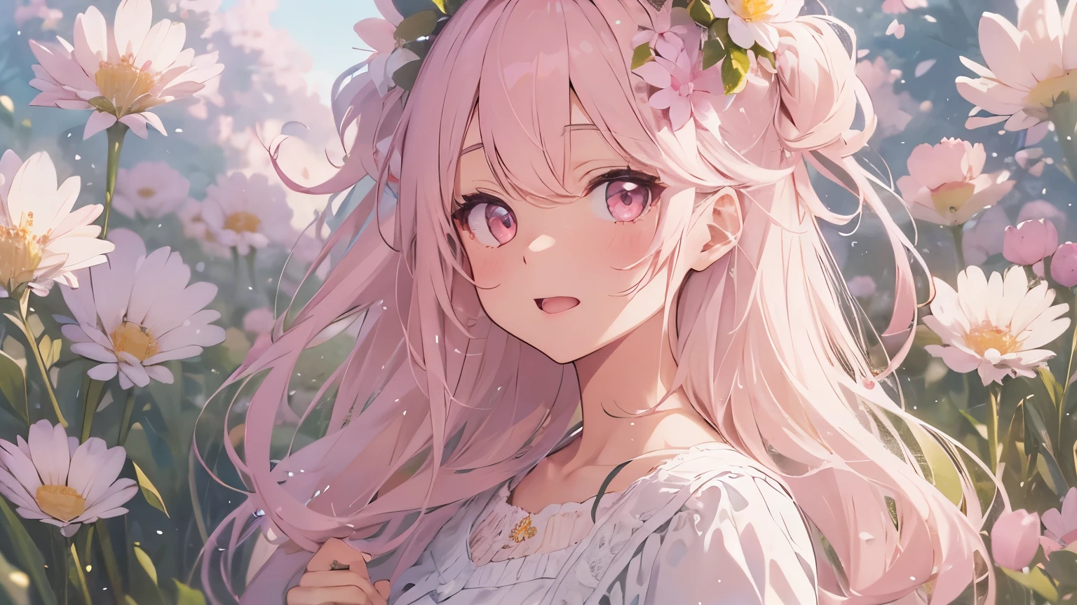 beautiful illustrations, highest quality, pretty girl, pastel colour, fluffy rabbit ears, twin tails,pink long hair,bright lighting, pale pink eyes,flower crown,girl standing in a flower field