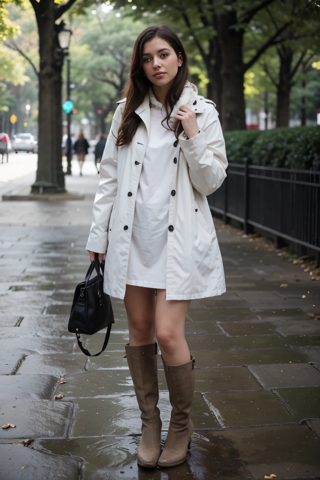 Style photography of a beautiful young woman, con botas de lluvia y saco impermeable (piel muy detallada: 1.2), Estilo lindo, En central park, con un paraguas 
