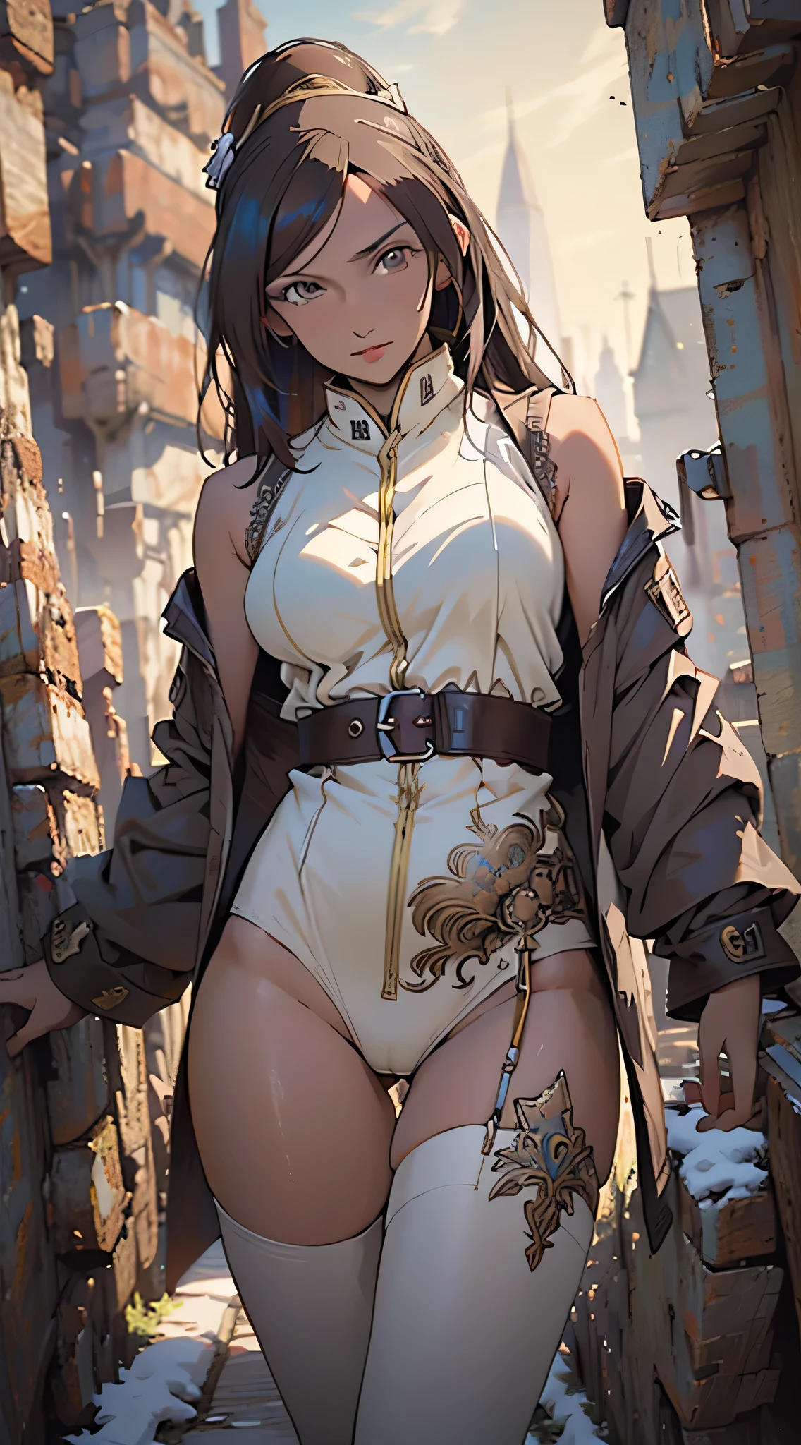 (best quality) , (highly detailed) ,masterpiece ,absurdres ,detailed face ,beautiful face ,(detailed eyes, deep eyes, anime eyes) ,1girl , solo, upper body, slight smile, Standing with hands on the waist, narvi_bb, ponytail, black eyes, black hair, dark-skinned female, dark skin, long hair, hair ornament, sleeveless, black baggy pants, white army boots, ,slutty,erotic,daring,((nsfw)), zettai ryouiki,revealing clothing,show skin,(((Sexy brown fur coat, brown fur coat outfit,brown winter coat))), ((denim mini-short,visible denim thong straps)),((underpants strap)),(white navel,print clothes,semi-naked,(((intricate outfit,intricate clothes,embroidered outfit,ornate outfit,embroidered clothes,ornate clothes))), (dynamic pose:1.0),embarrassed,(centered,scale to fit dimensions,Rule of thirds), ((snowy pine forest)),winter,scenery:1.25,((intricate scenery)),((snow forest background)),Christmas tree, (Glossy winter ornaments),highres,sharp focus,(ultra detailed,extremely detailed),(photorealistic artwork:1.37),(extremely detailed CG unity 8k wallpaper),(((vibrant colors,vibrant theme))),(intricate),(masterpiece),(best quality),