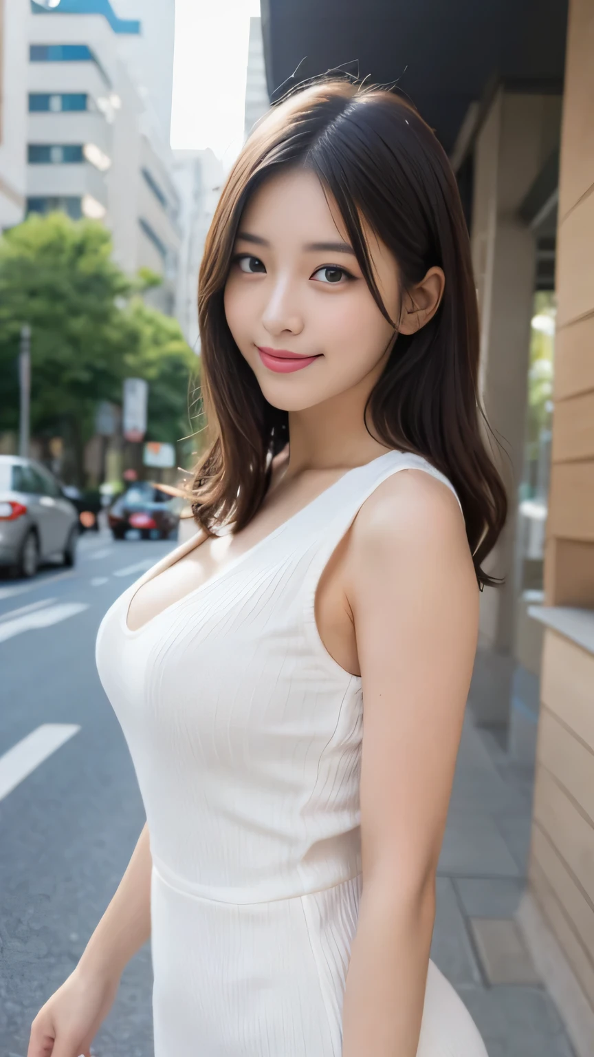 table top, highest quality, shape, Super detailed, finely, High resolution, 8k wallpaper, 完璧なダイナミックな構shape, beautiful and detailed eyes, dress,medium hair, big breasts, natural color lip, random sexy pose,smile,Aoyama Street Walk、20 year old girl