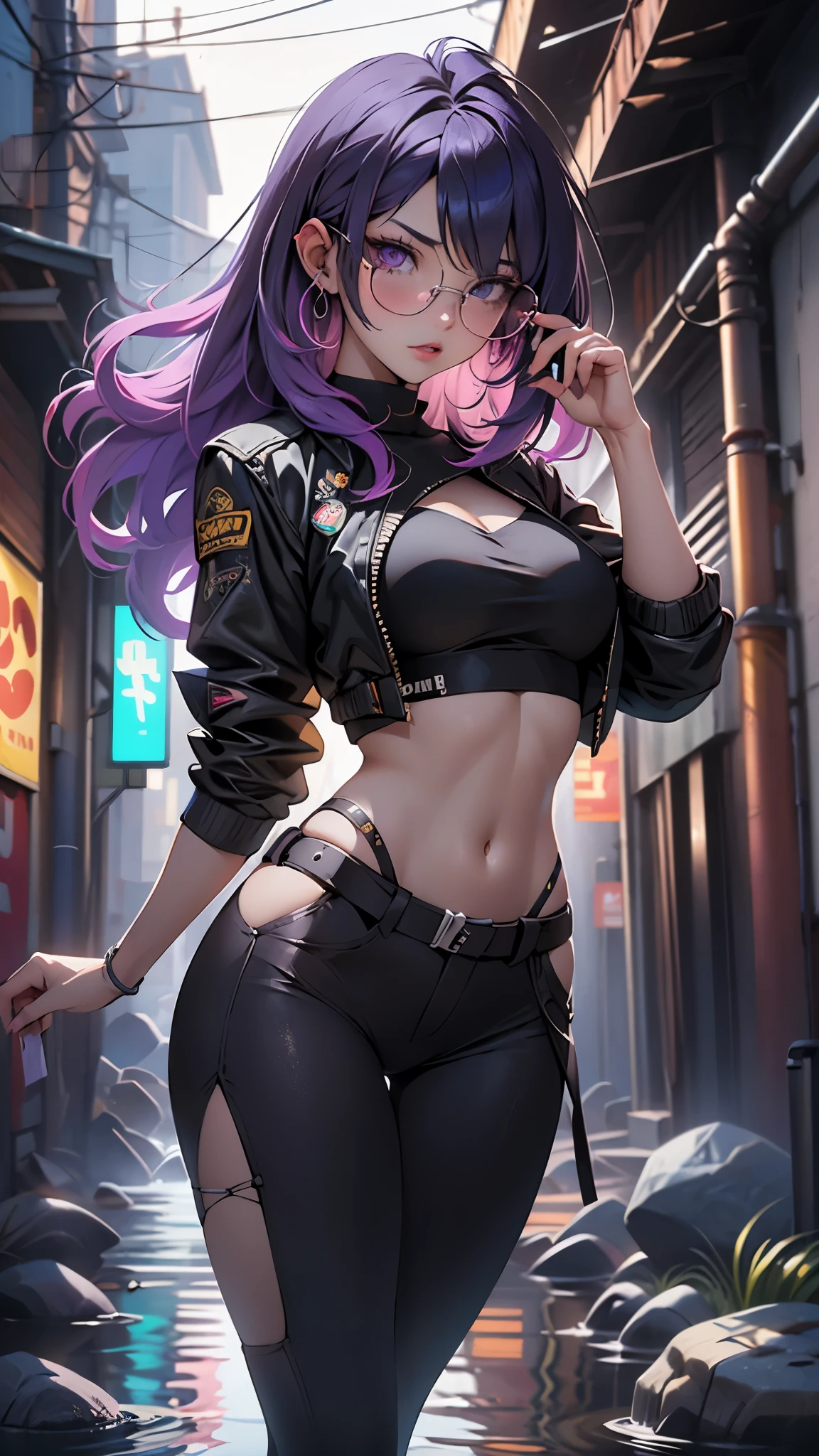 3679 cyberpunk year（obra maestra，High Definition，Super high definition，32k loto root starch）Loose bright purple hair，Autumn pond， loto root starch color， Asian （Michiko）， （silk scarf）， postura de lucha， mirando los globos de colores， Cabello largo degradado naranja， ((Gafas reflectantes de jade a prueba de viento con montura gruesa))Floating bright purple， Tocado de nube de fuego dorado， Prenda china de seda dorada de manga larga， （Salpicadura de tinta abstracta：1.2），Antecedentes de Marte，loto（de modo realista：1.4），cabello morado brillante，Humo en la carretera，fondo muy marfil、Puro， high resolution， Gafas protectoras contra el viento detalladas， RAW photos loto root starch， Re agudo， Nikon D850 Film Photography by Jefferies Lee 4 Kodak Portra 400 F1 Camera.6 armas, vistoso, super real、Texturas vivas, dramatic lighting, Tendencia de Unreal Engine Art Station, Nido de silicona 800, (background alley big stones night:1.4), (pose vaquero), (Perfect anatomy) 