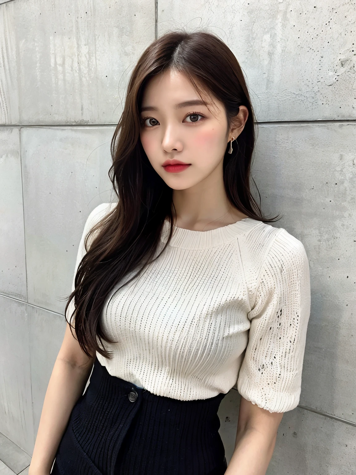 top quality, 1 beautiful woman, 28 years old, s, 35mm lens, f/1, Cowboy shot, Concrete background、Tile background、black waffle knit、light brown、tile wall,from below、wavy hair、medium hair