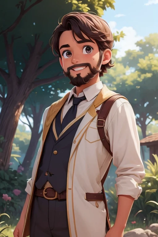 obra maestra,Mejor calidad,rombo,1 16 year old boy with a short goatee beard ,Solo, traje de principe disney, tenencia,enfoque masculino,(cabello ), ojos marron oscuro,tenencia,Boca abierta,terreno para sentarse,Sonrisa,cielo,bosque, 