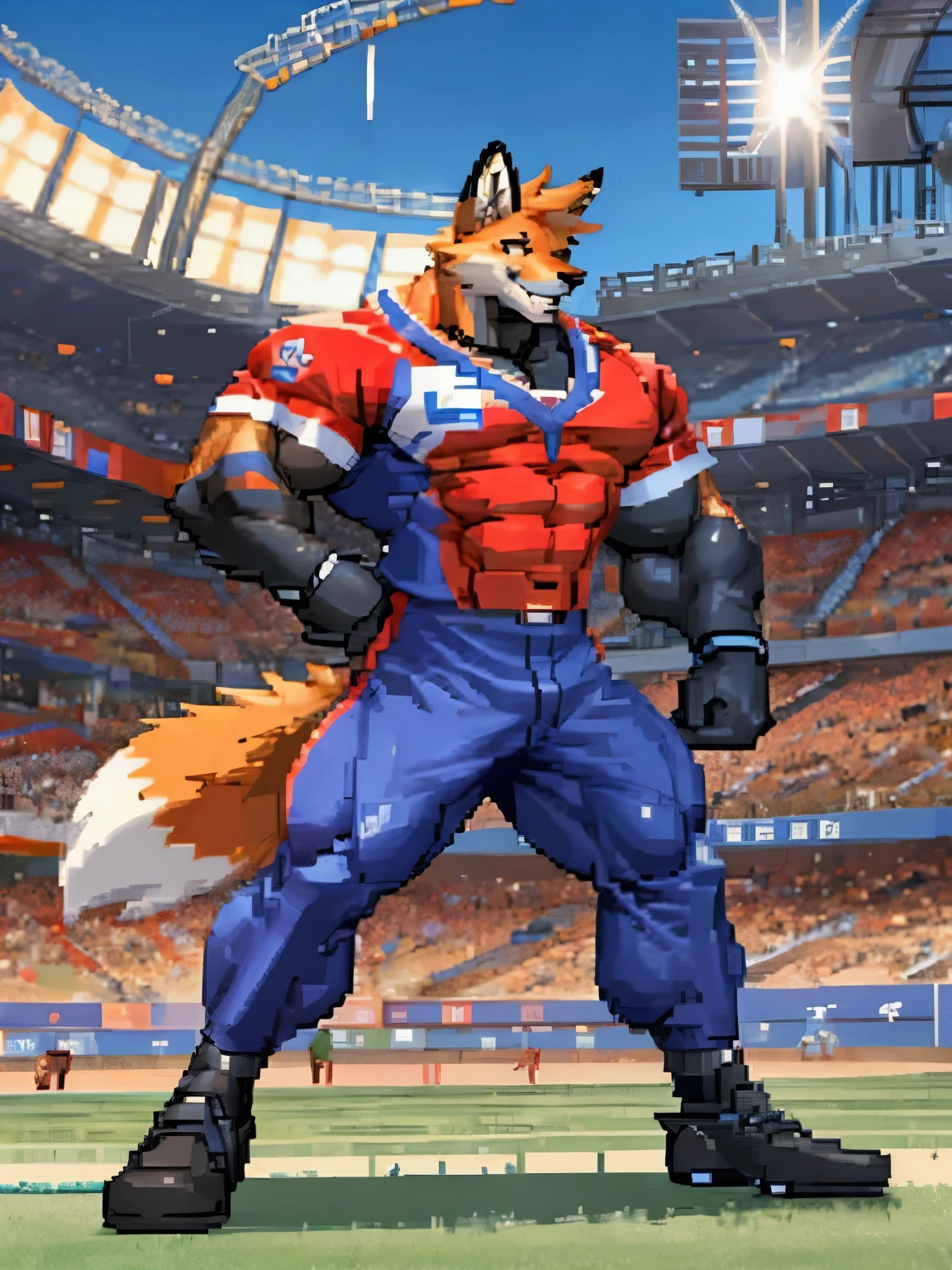 Fox, good looking, male, anthro, baseball uniform, ultradetailed, muscular, solo, bareness, rippling muscles, muscles, stadium background, tail, hot, cool pose, smile