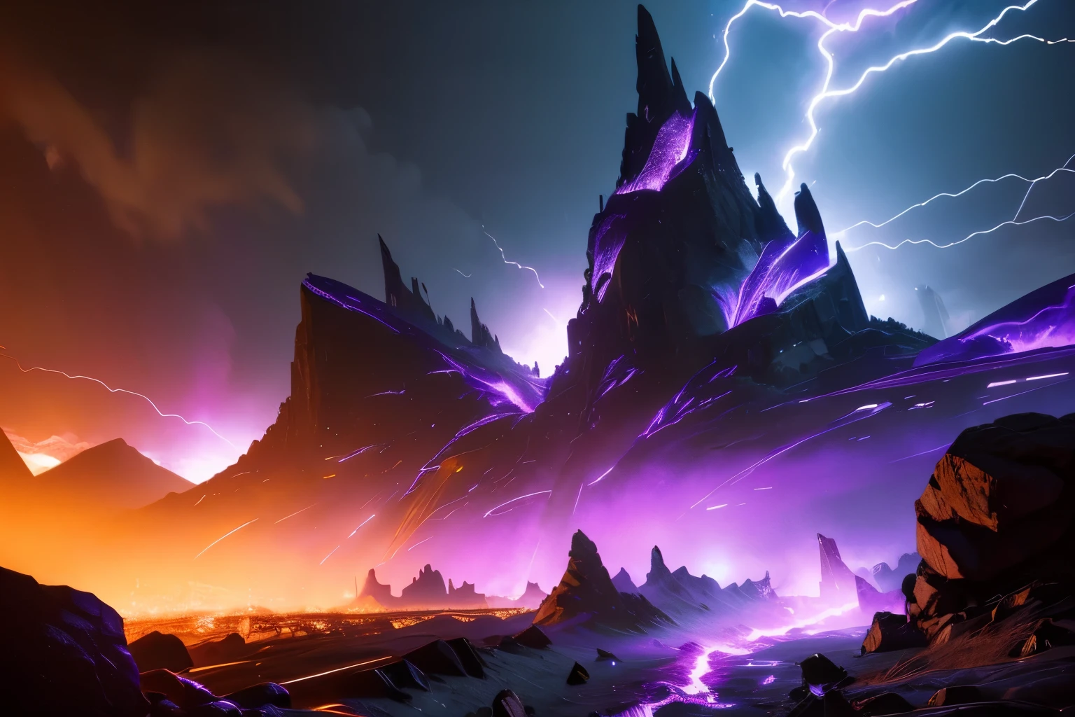 Epic landscape covered in neon purple lightning and flames, epic composition, insanely detailed, hyper realistic, 8k