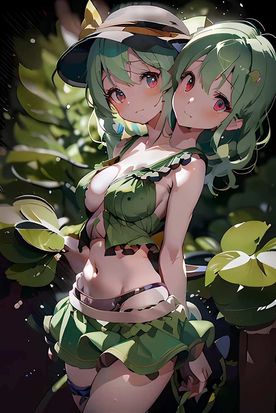 (masterpiece, best quality), best quality, (ultra-detailed), (3heads:1.5), 1girl, (komeji koishi:1.3), masterpiece, best quality, yellow top, crop top, ((stomach)), midriff, ((groin)), green skirt, normal ears, shackles, mint green hair, very long hair, wavy hair, sidelocks, green eyes, detailed eyes, parted lips, single horn, sweat, cute, toned belly, hand on own chest, eyelashes, (22 year old woman:1.3), (masterpiece:1.4), (best quality:1.4), (beautiful detailed extremely detailed CG, extremely delicate and beautiful, depth of field, (finely detailed face), (perfect details:1.1), (mature female:1.3), wide pelvis, slender, large veiny breast, 8k resolution, high quality, high definition, extremely detailed, masterpiece, best quality, mint green hair, long hair, alluring presence, braid, short skirt, close up, big tits, young, black headwear, hat bow,