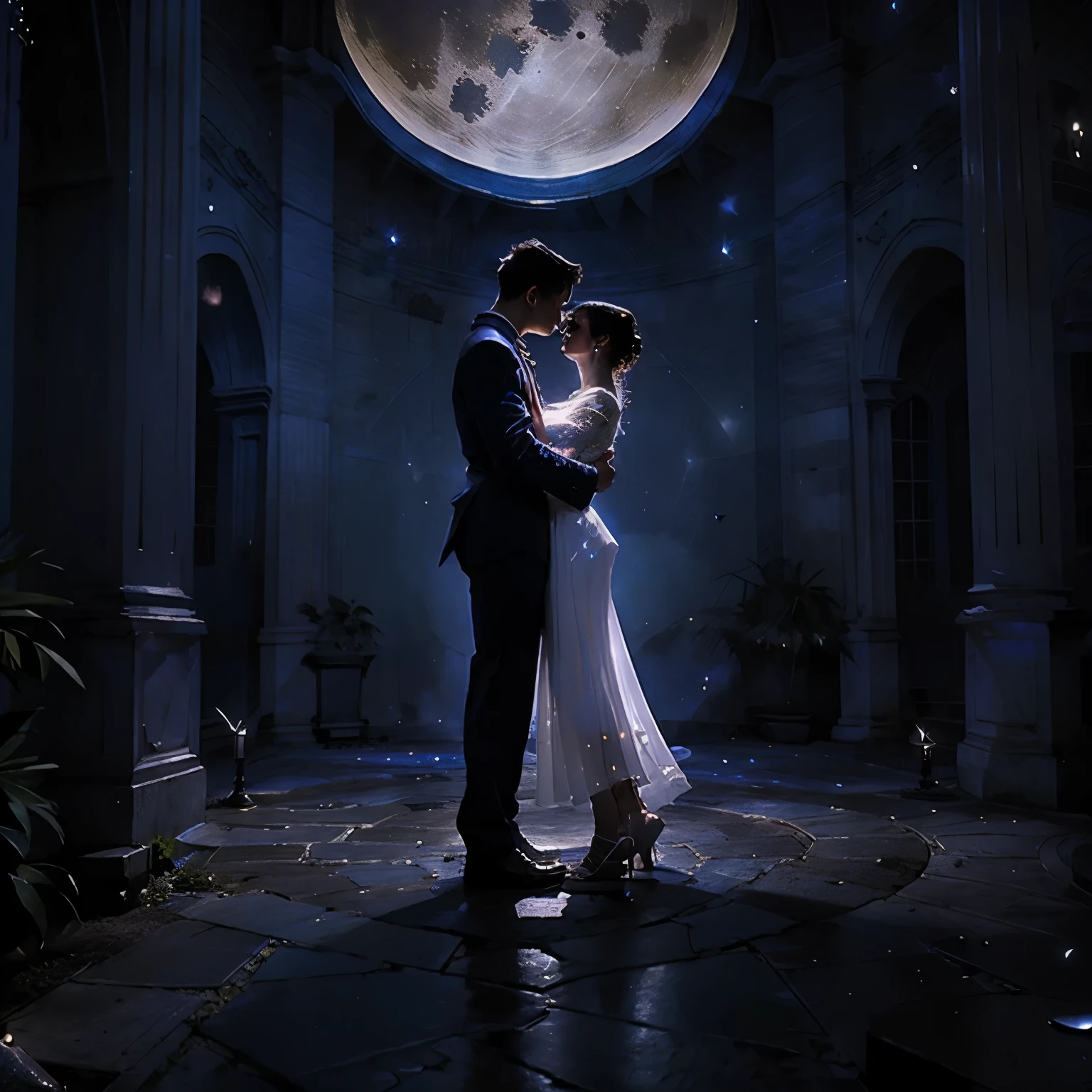 Couple in love dancing in the moonlight, magic, dream scenerie, sky full of stars