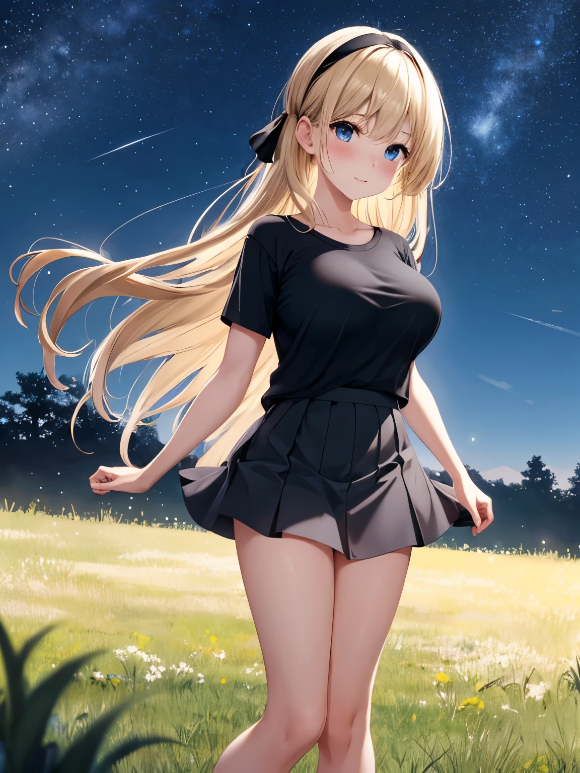 1woman,Standing, blushing,on the grass, at night,full of stars, short t-shirts, very big breast,black t-shirts,black skirt, mini skirt,ruffle skirt,black ribbon headband,bangs,blue eyes,blonde hair,long hair,straight hair,ultra detail,ultra Hd, masterpiece,4k